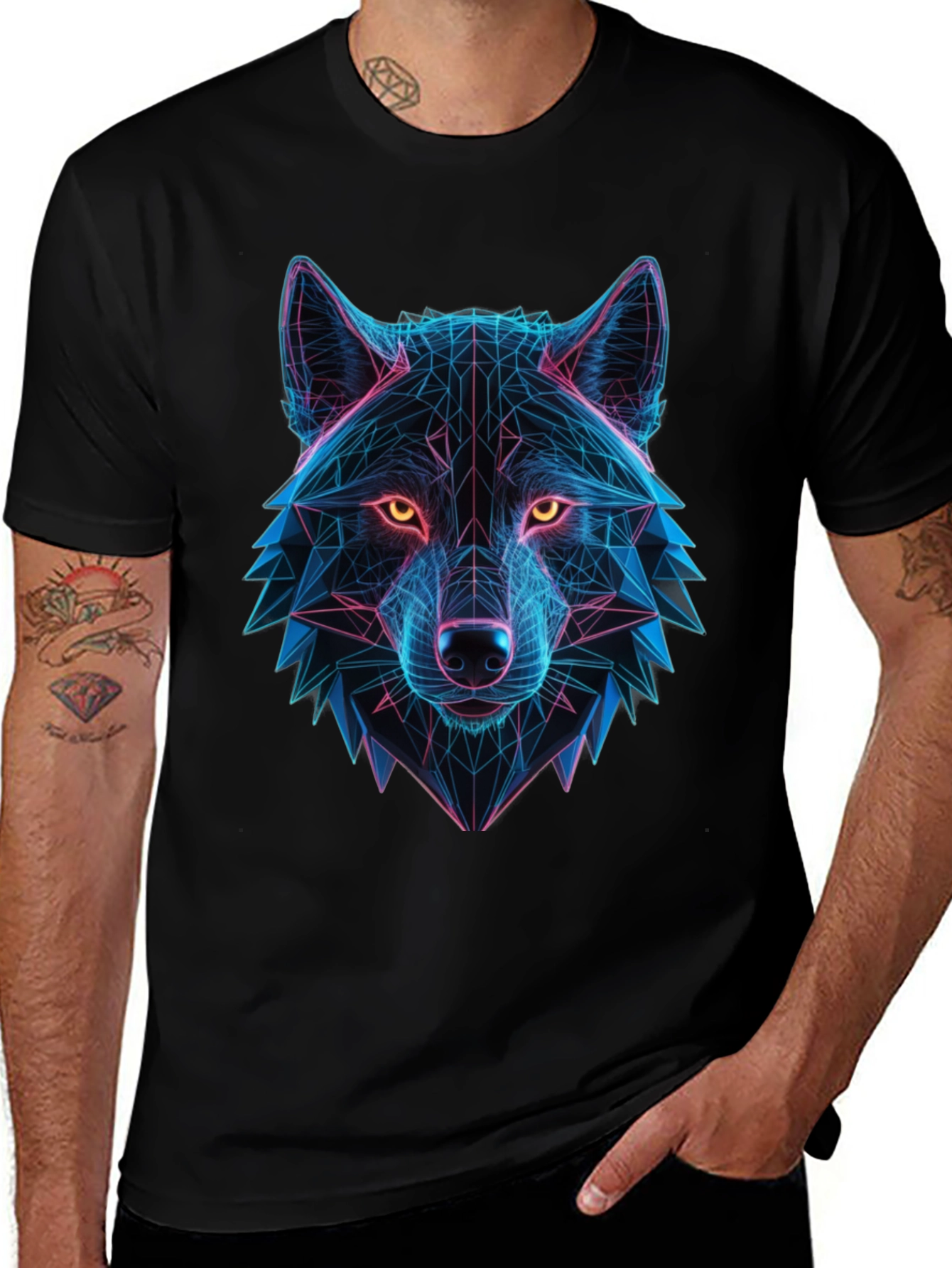 Variant 29 of Geometric Wolf Head Graphic Black T-Shirt