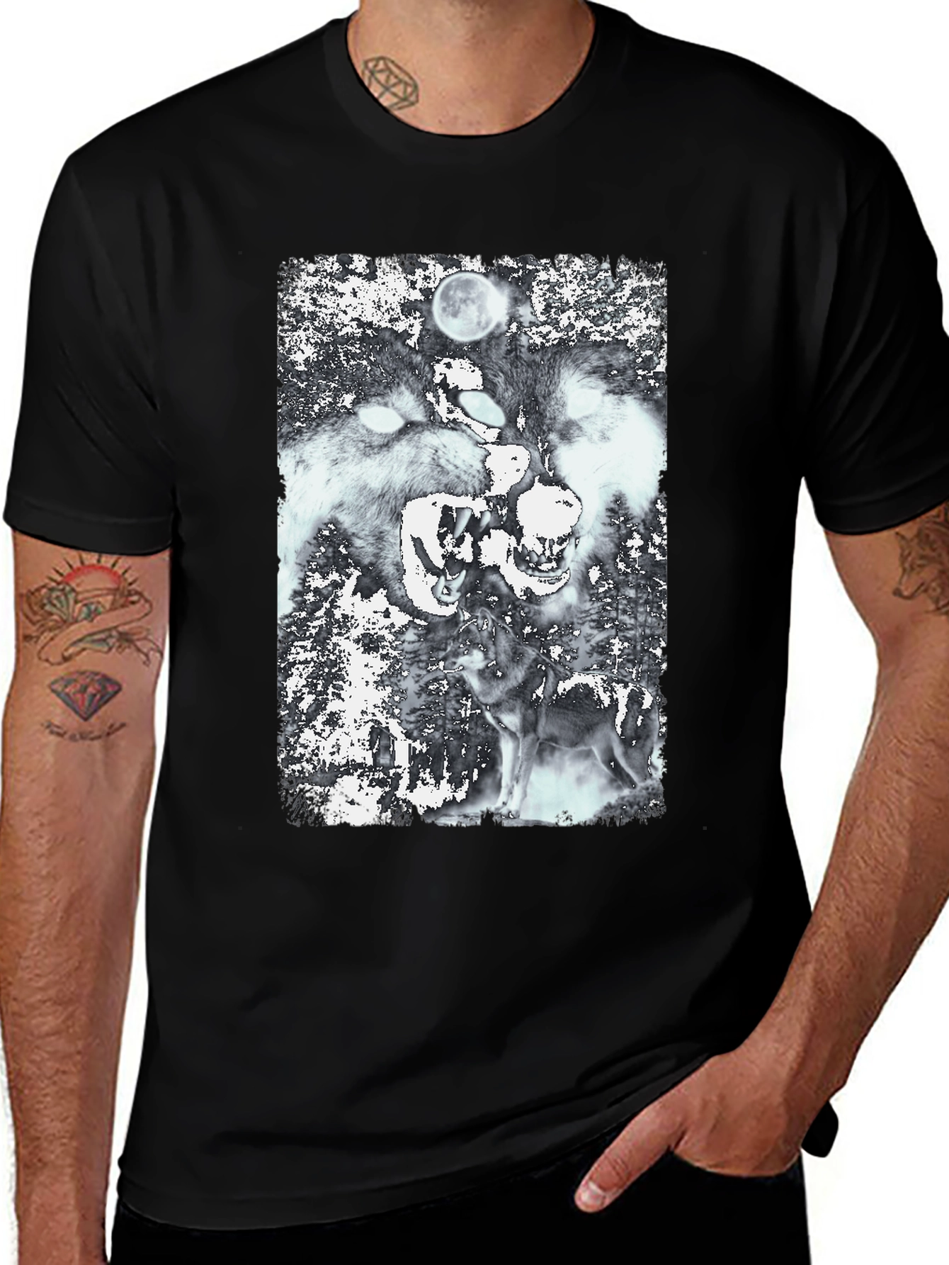 Variant 22 of Wolf Pack Graphic Tee - Men's Black T-Shirt