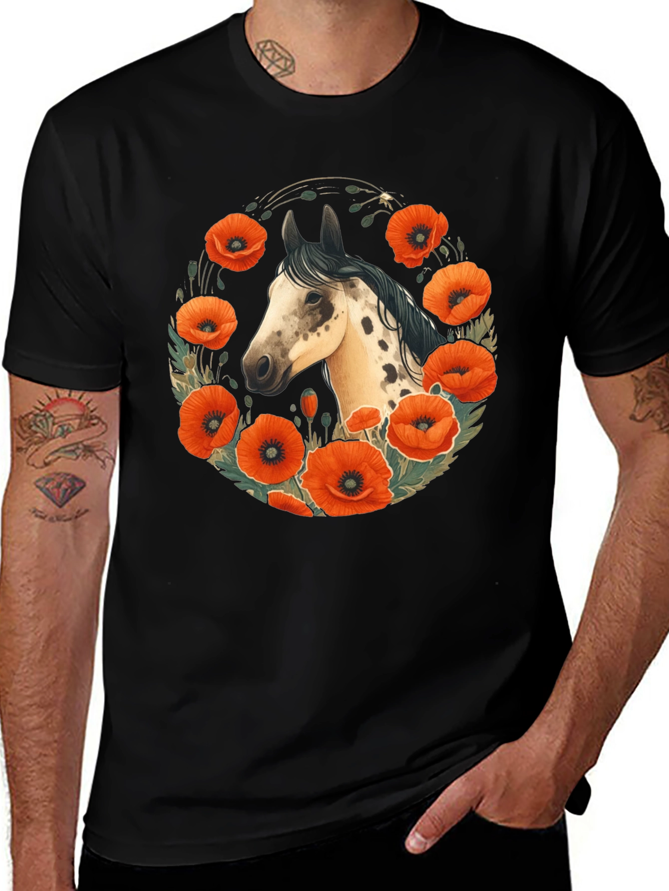 Horse & Poppy Graphic Tee - Stylish Men's Black T-Shirt