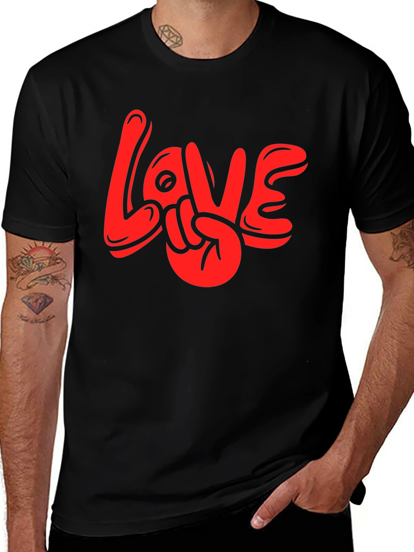 Variant 17 of Love Hand Sign Graphic Tee - Black Cotton Blend Casual Shirt