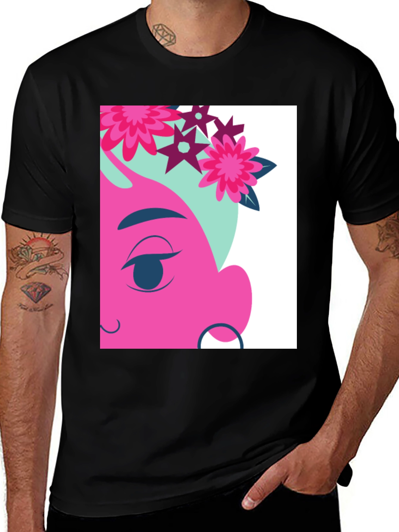 Variant 10 of Floral Cartoon Graphic Black T-Shirt