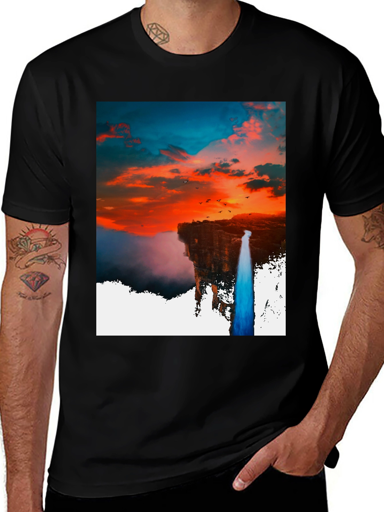 Variant 4 of Sunset Waterfall Graphic Tee - Unique Design