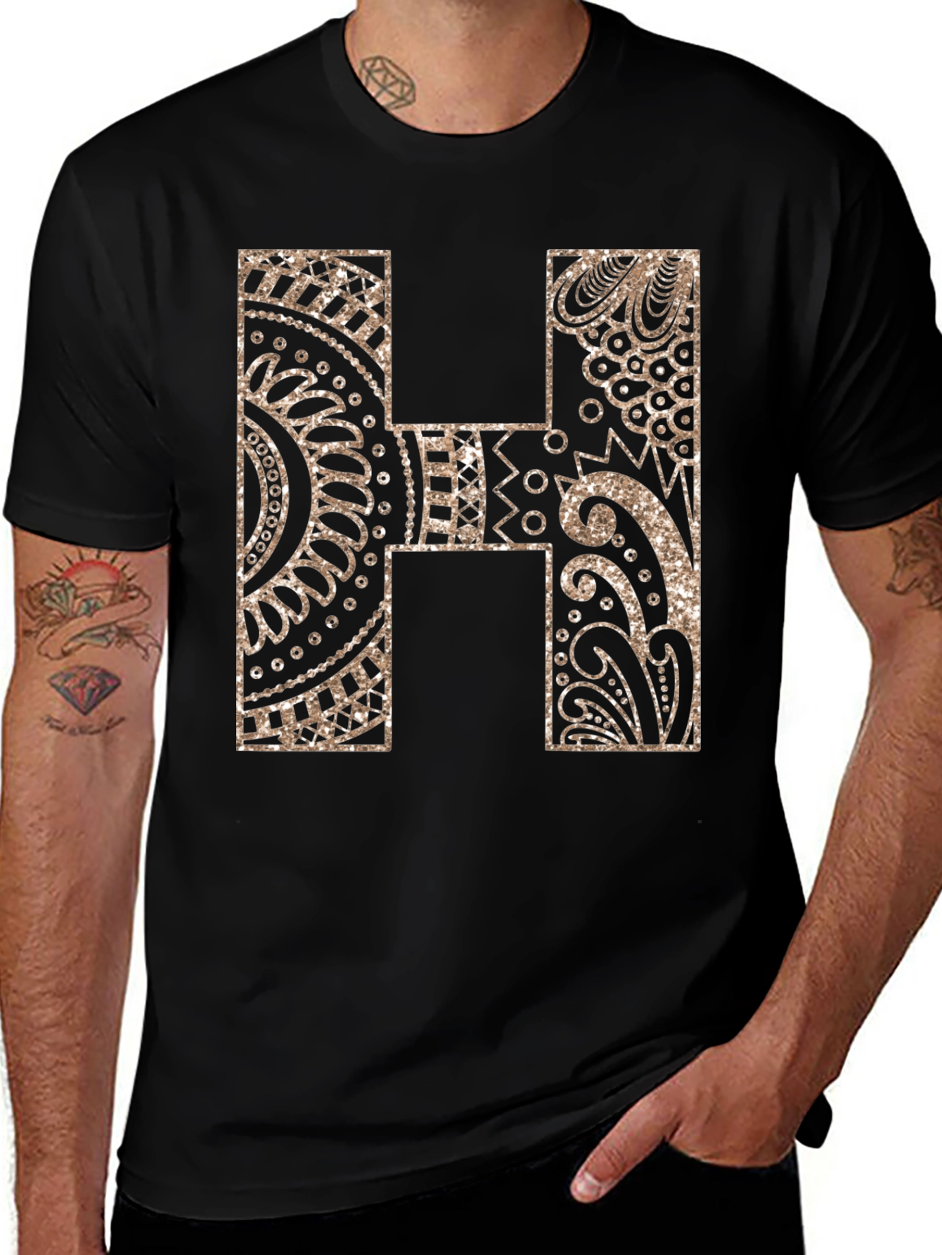 Patterned Letter H Graphic Tee - Black