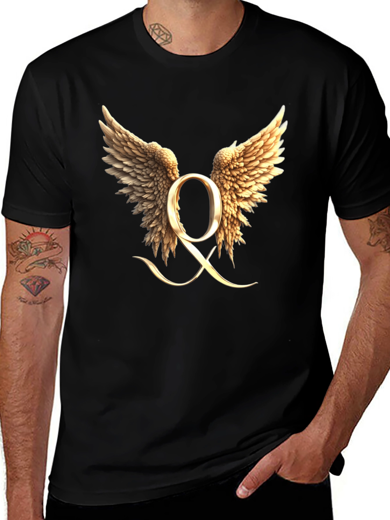 Variant 25 of Winged Letter 'Q' Black T-Shirt