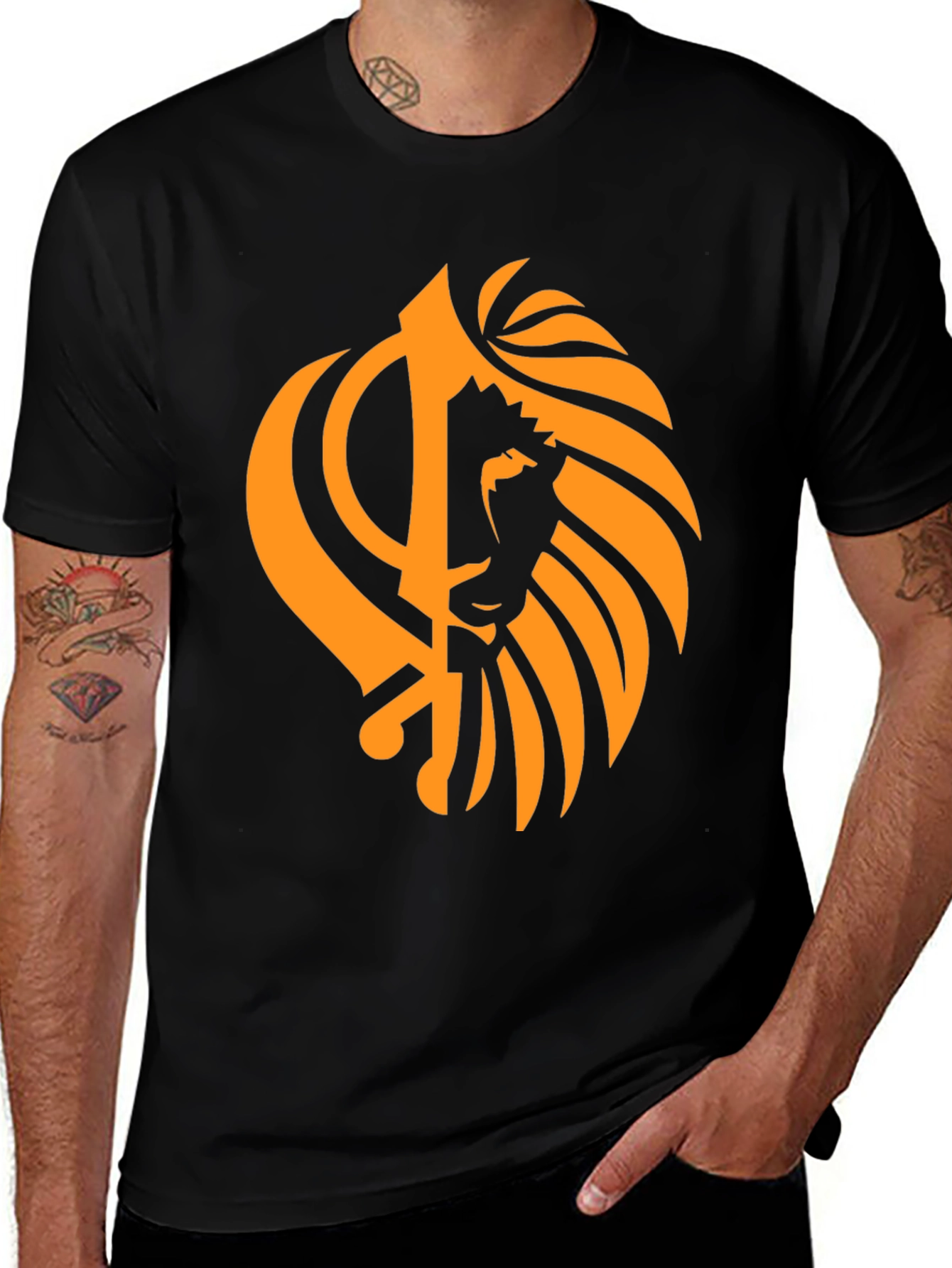 Black T-Shirt with Orange Khanda Lion Design