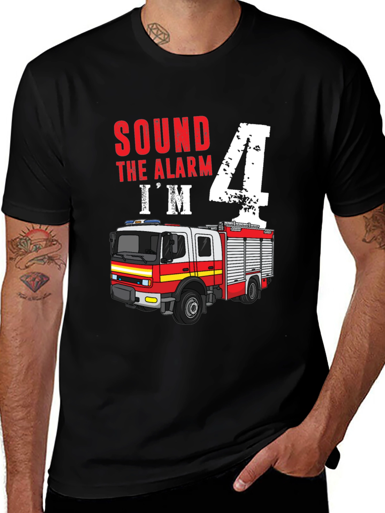 Variant 4 of Sound the Alarm, I'm 4! Firetruck Birthday Shirt