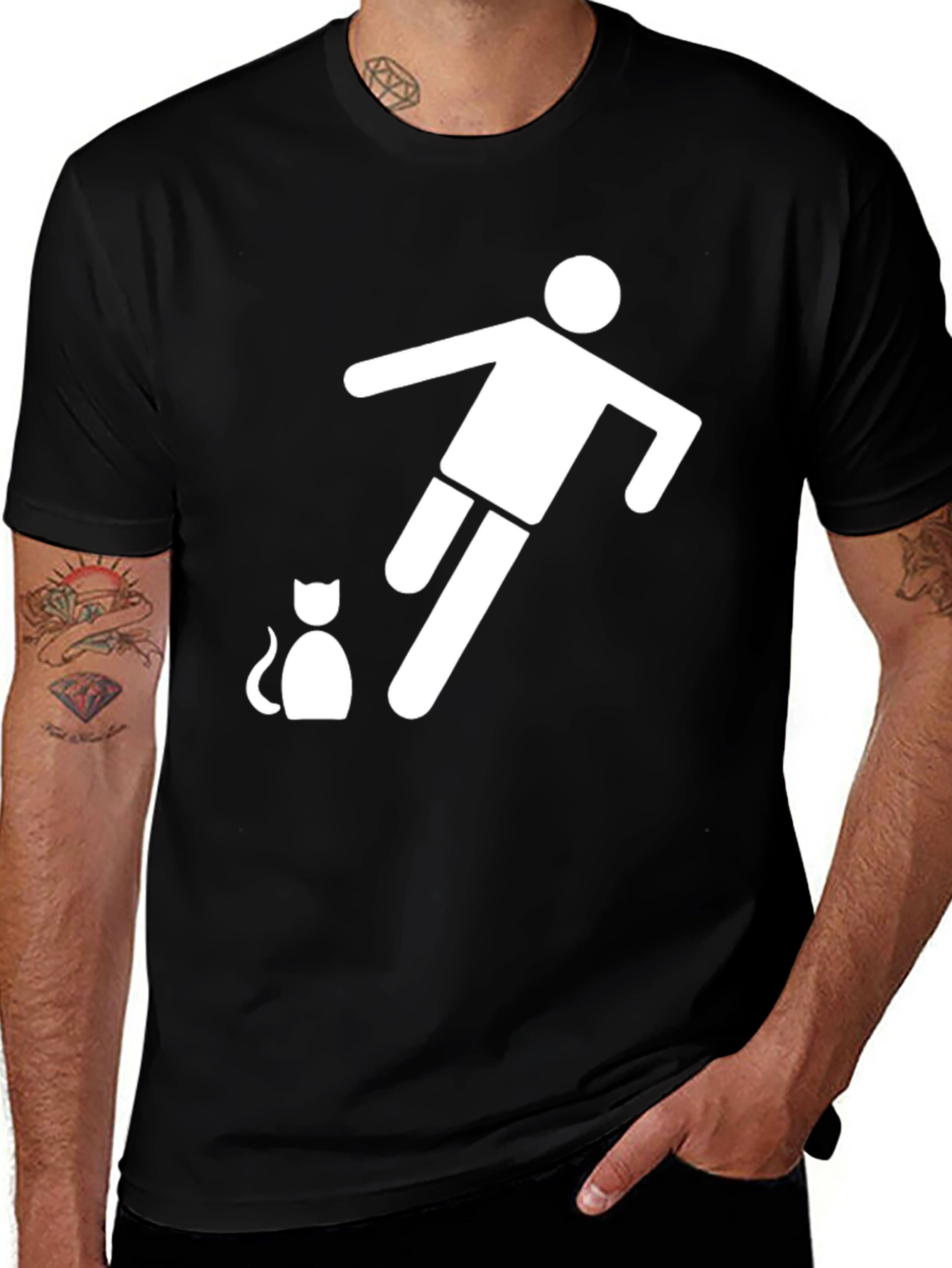 Variant 23 of Funny Black T-Shirt - Man Kicking Cat Graphic