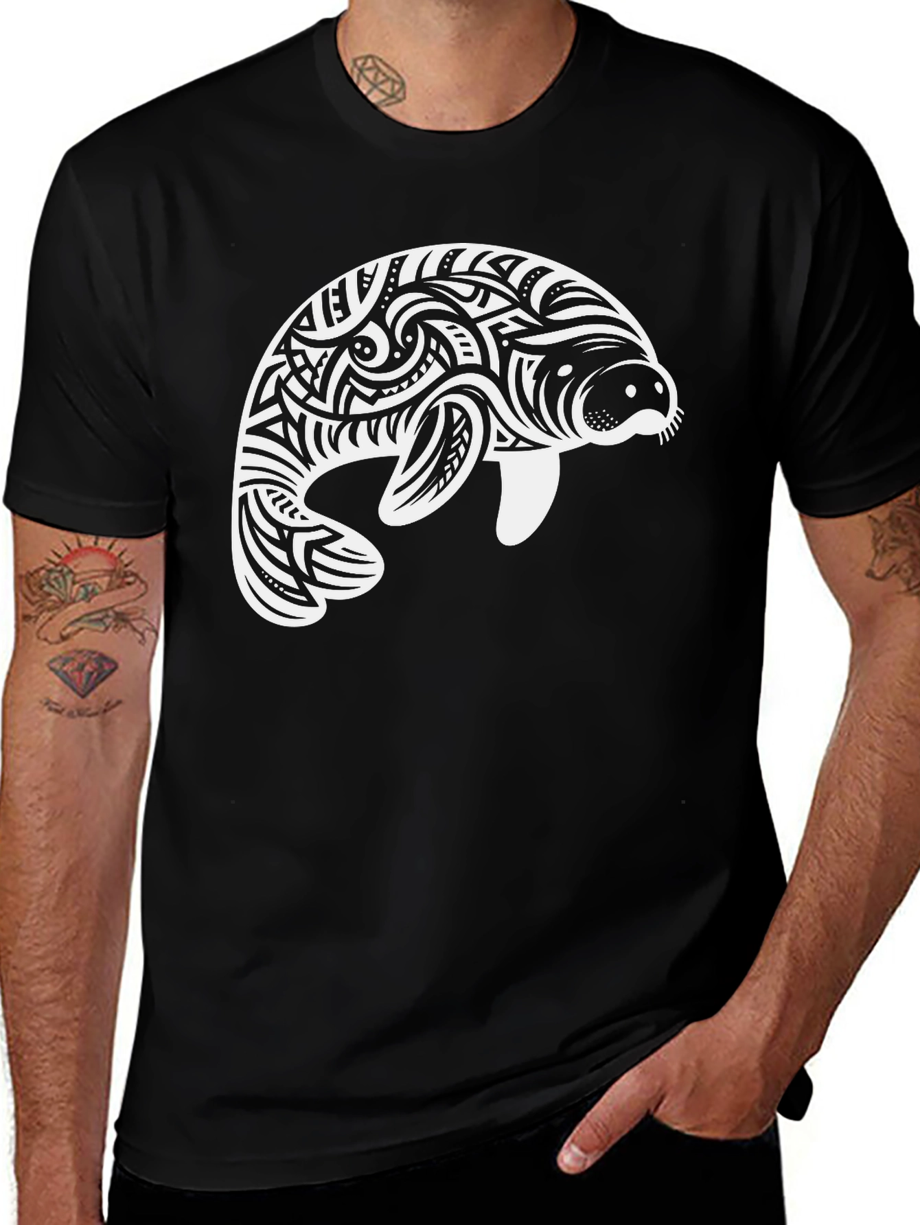 Variant 13 of Tribal Manatee Graphic Tee - Black