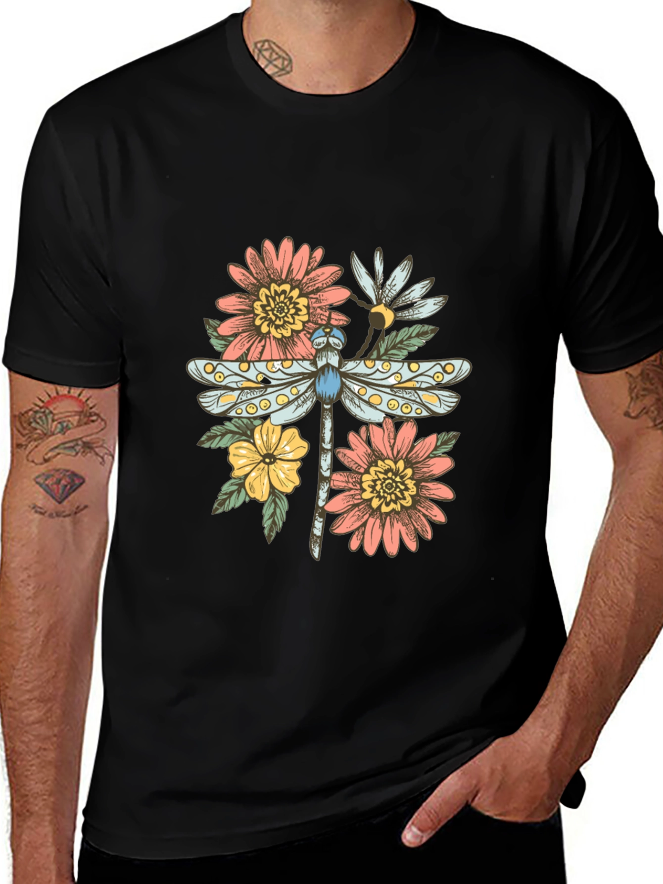 Variant 9 of Dragonfly Floral Graphic Tee - Trendy Casual Top