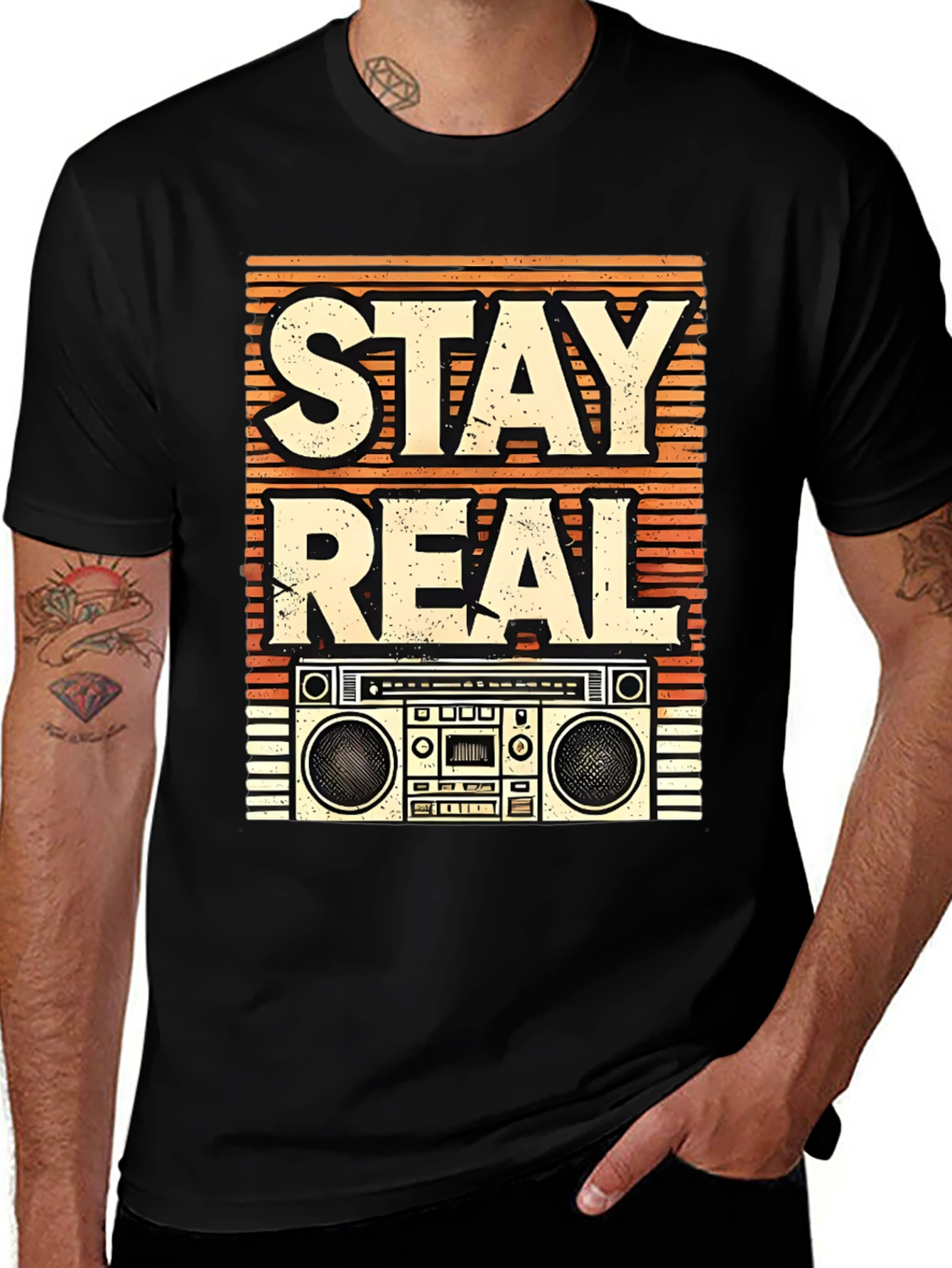 Retro "Stay Real" Boombox Graphic Tee