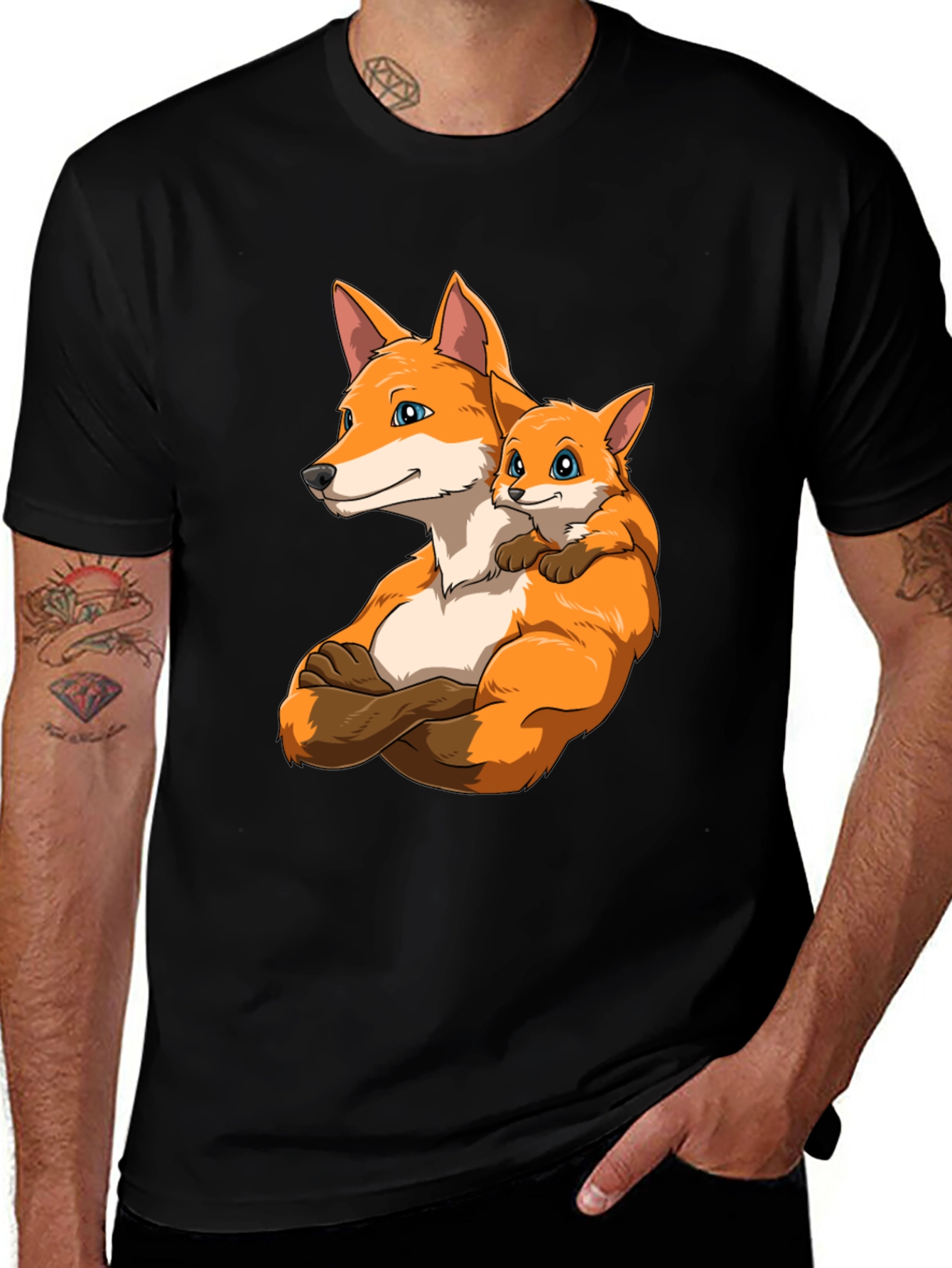 Variant 22 of Fox Family Black T-Shirt - Cute Cartoon Design