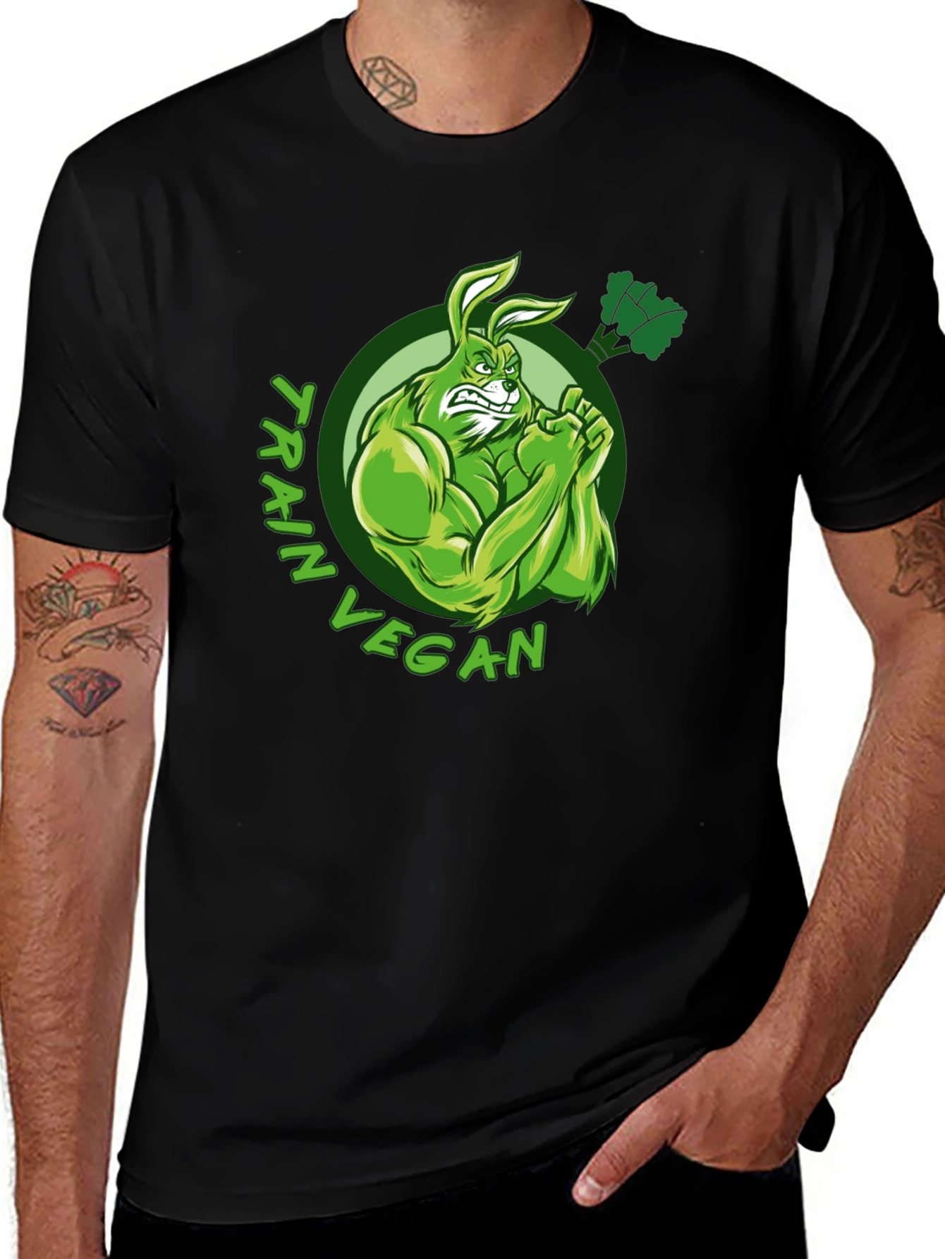 Variant 21 of Train Vegan T-Shirt: Muscular Rabbit Design
