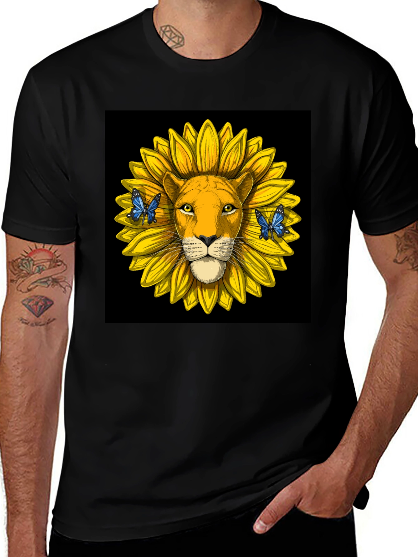 Variant 28 of Lion Sunflower Graphic Tee - Black Unisex T-Shirt