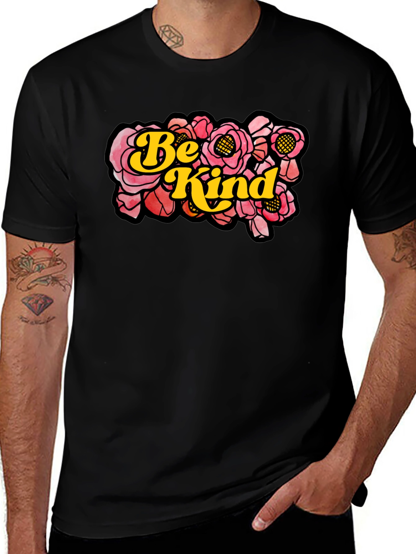 Variant 21 of Be Kind Floral Graphic T-Shirt - Black