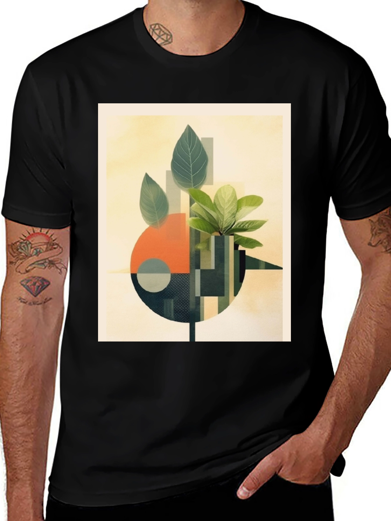 Geometric Botanical Print Black T-Shirt