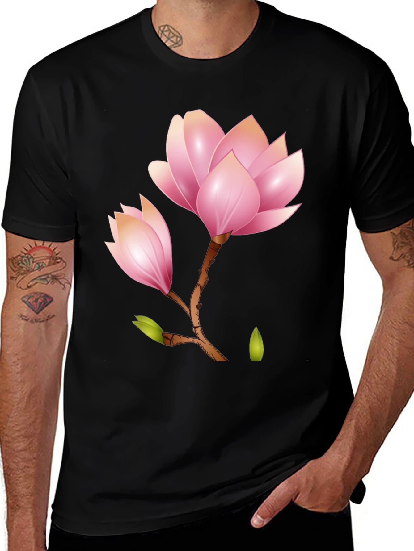 Variant 15 of Black T-Shirt with Floral Magnolia Design