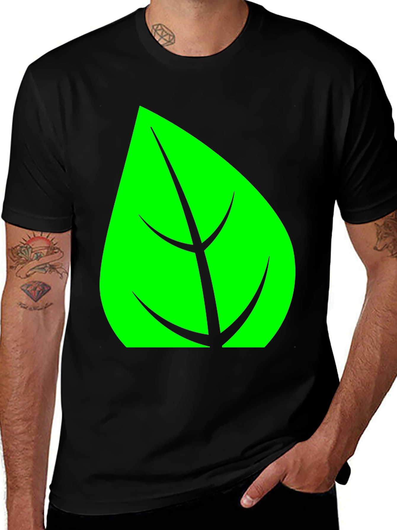 Variant 26 of Green Leaf Graphic Black T-Shirt