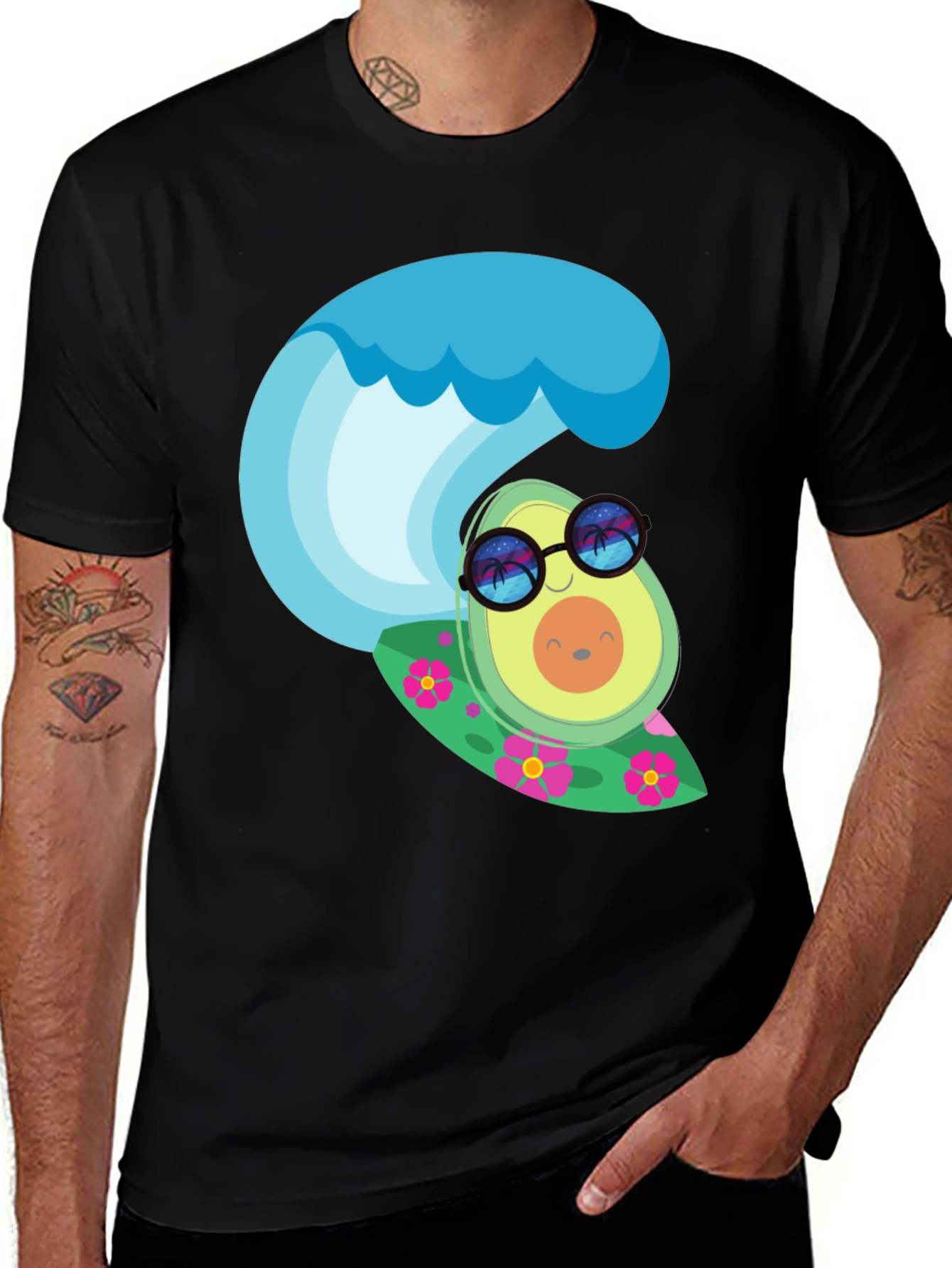 Variant 26 of Surfing Avocado Graphic Tee - Black Cotton T-Shirt