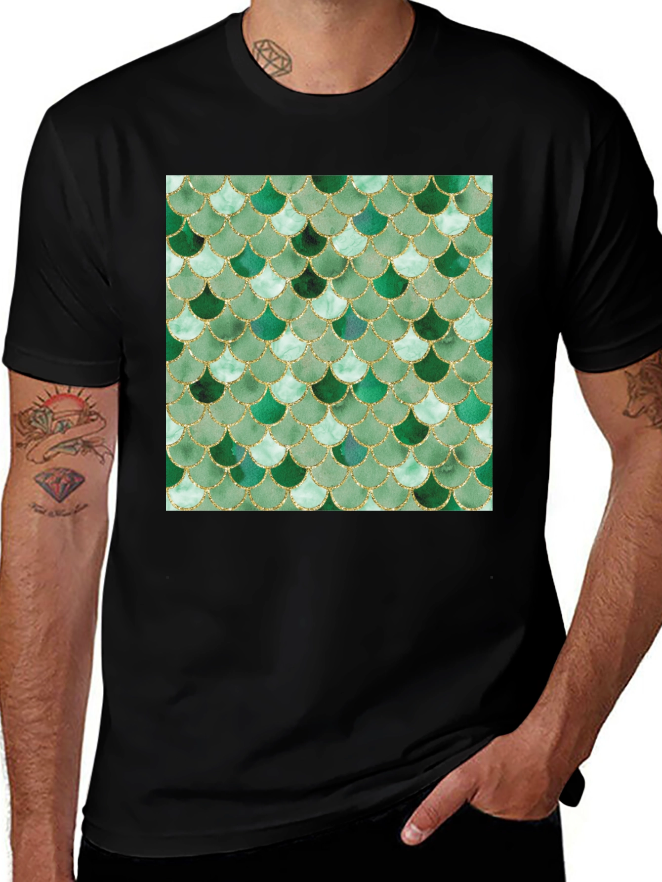 Variant 5 of Green Scale Print Black T-Shirt - Stylish Casual Wear