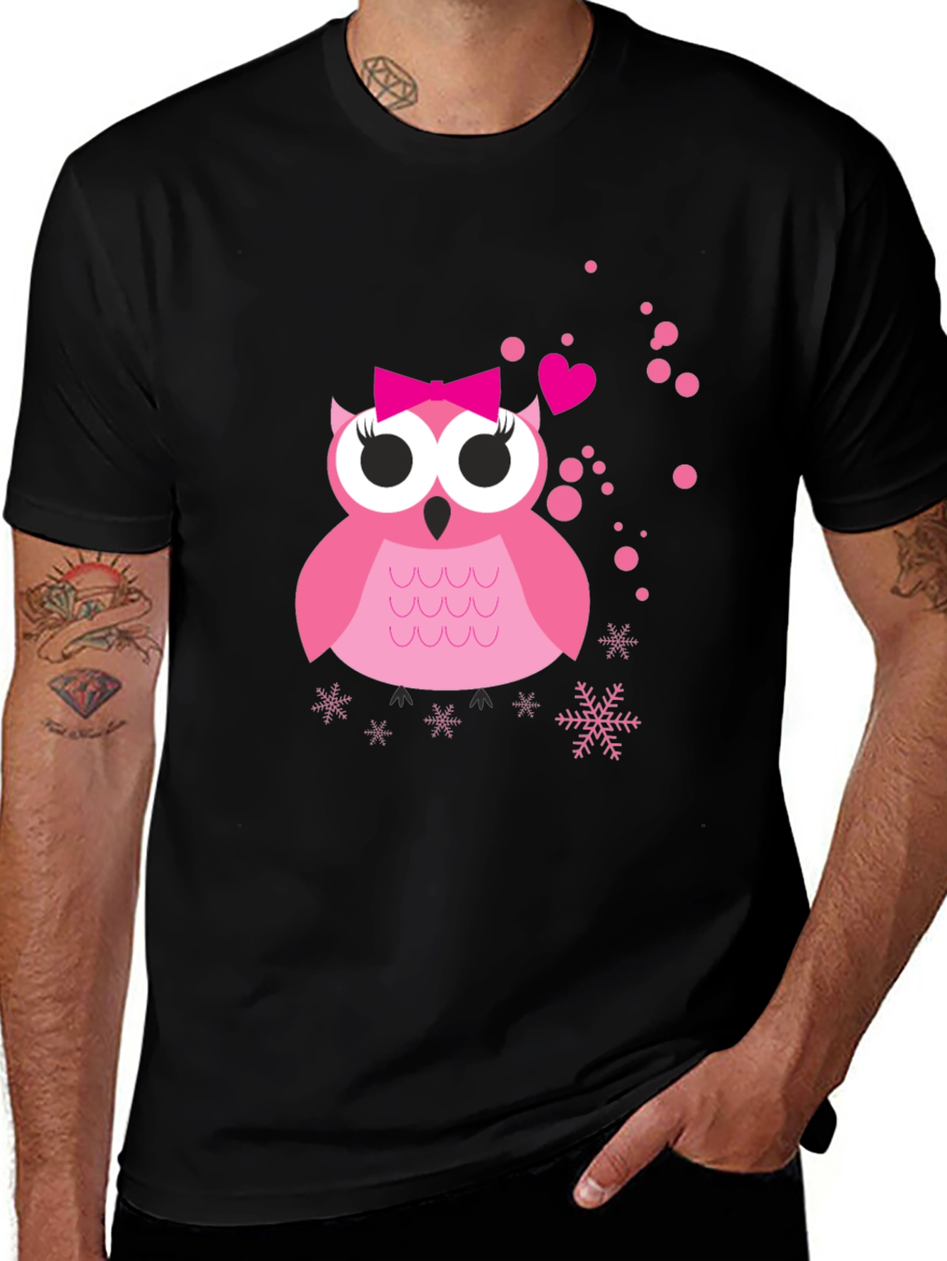 Variant 12 of Cute Pink Owl Graphic Black T-Shirt