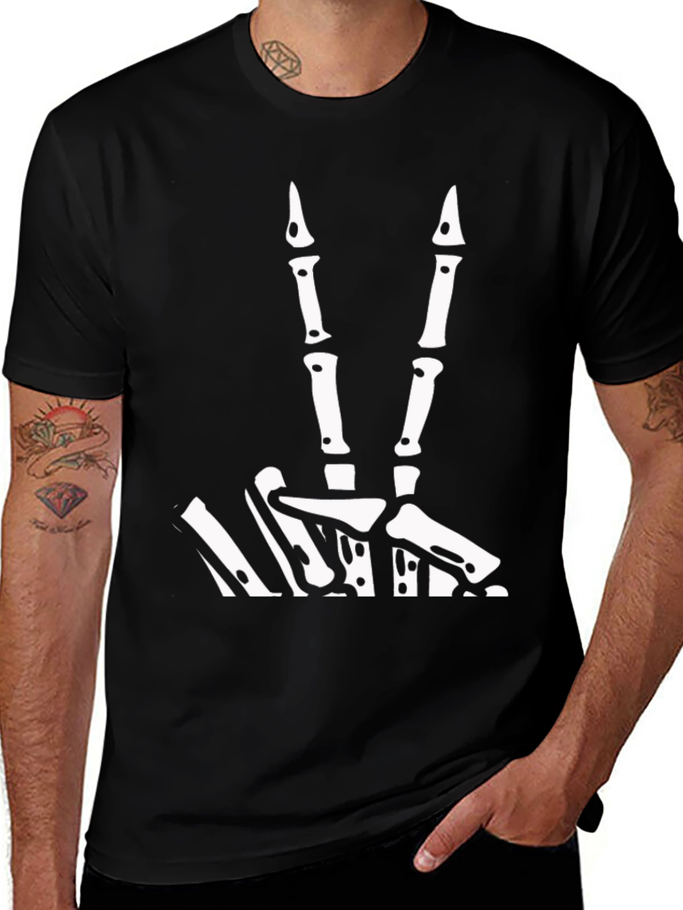 Variant 7 of Skeleton Hand Peace Sign Black Tee