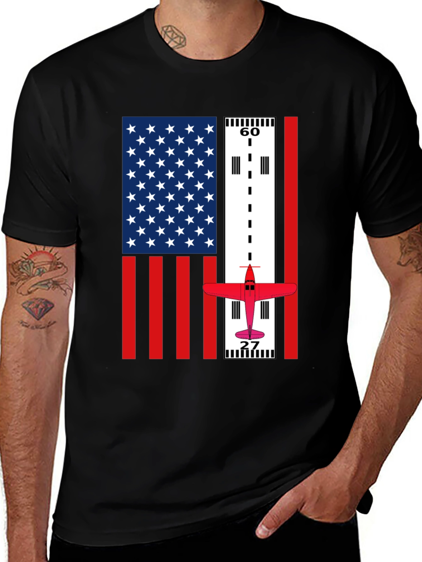 Variant 20 of Patriotic Pilot T-Shirt - US Flag Airplane Runway Design