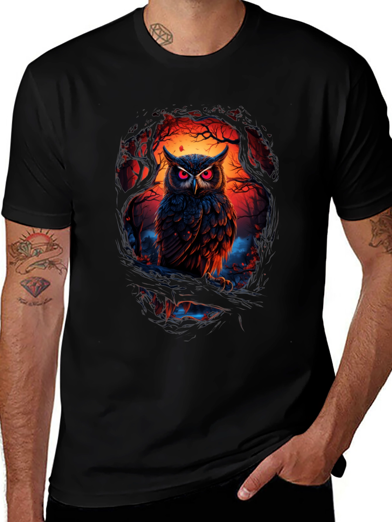 Owl Graphic Print Tee - Men's Black T-Shirt