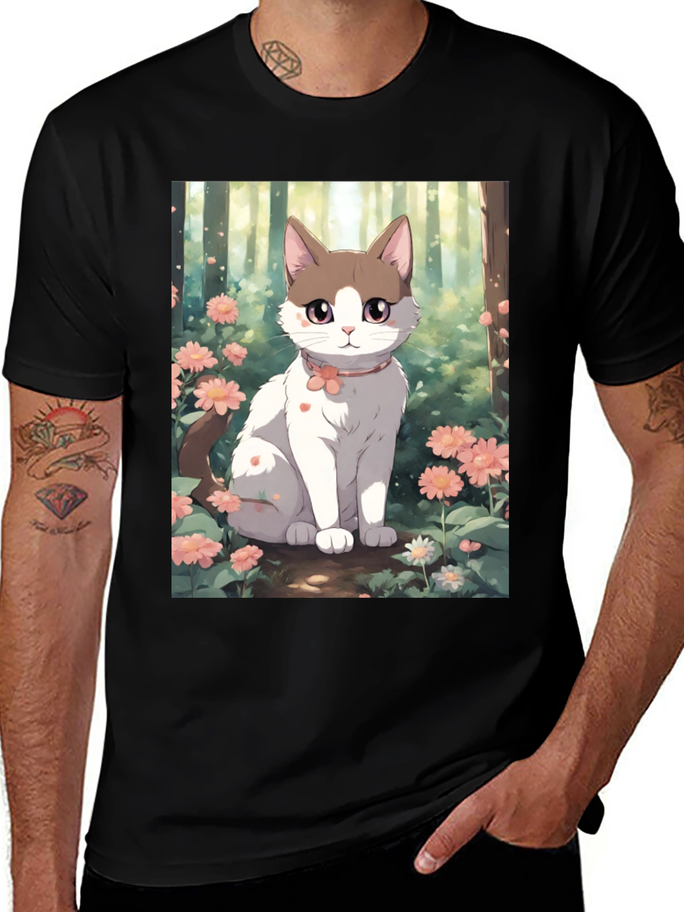 Variant 13 of Anime Cat Floral T-Shirt