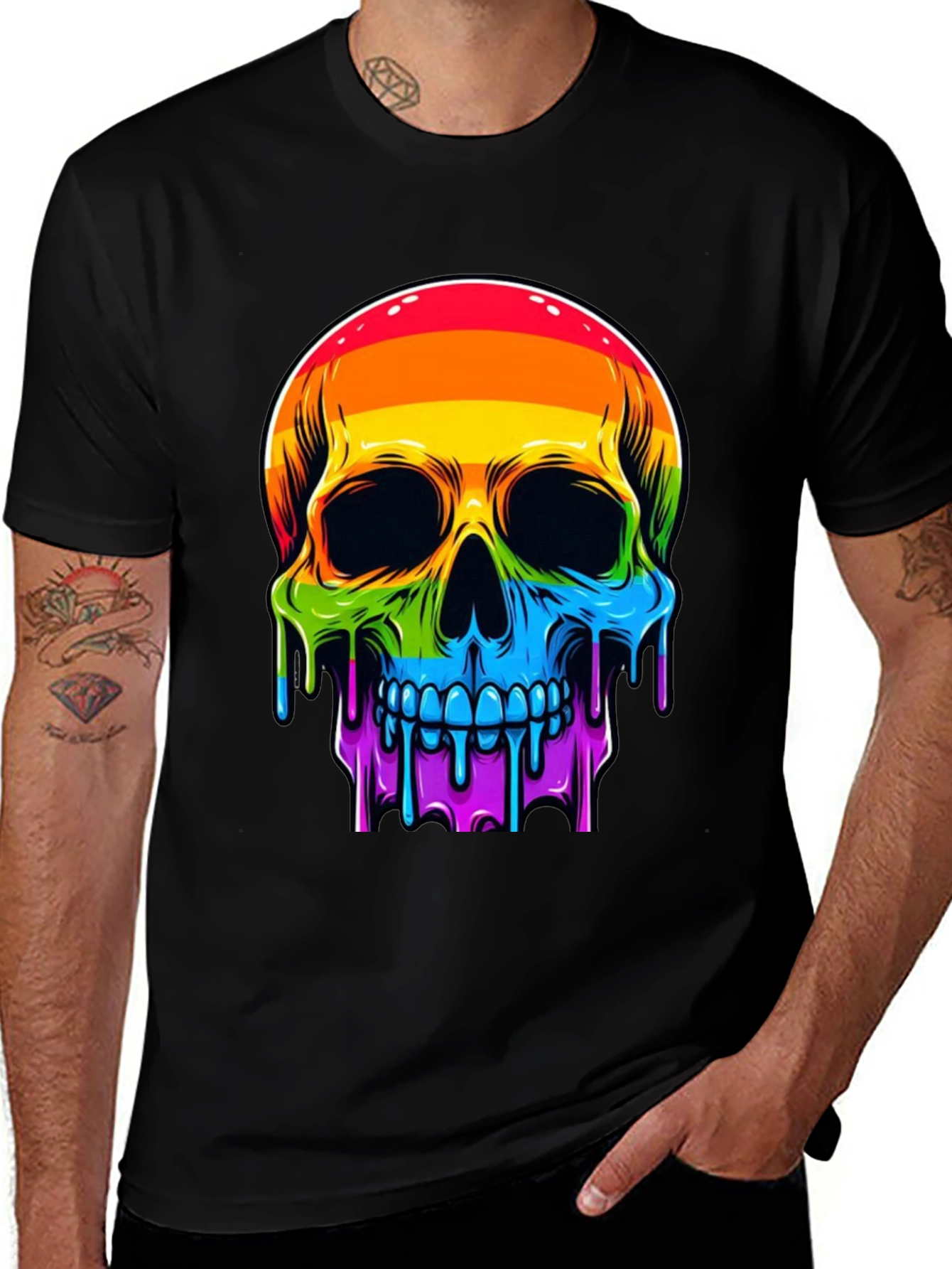 Variant 19 of Rainbow Skull Graphic Tee - Men's Black T-Shirt