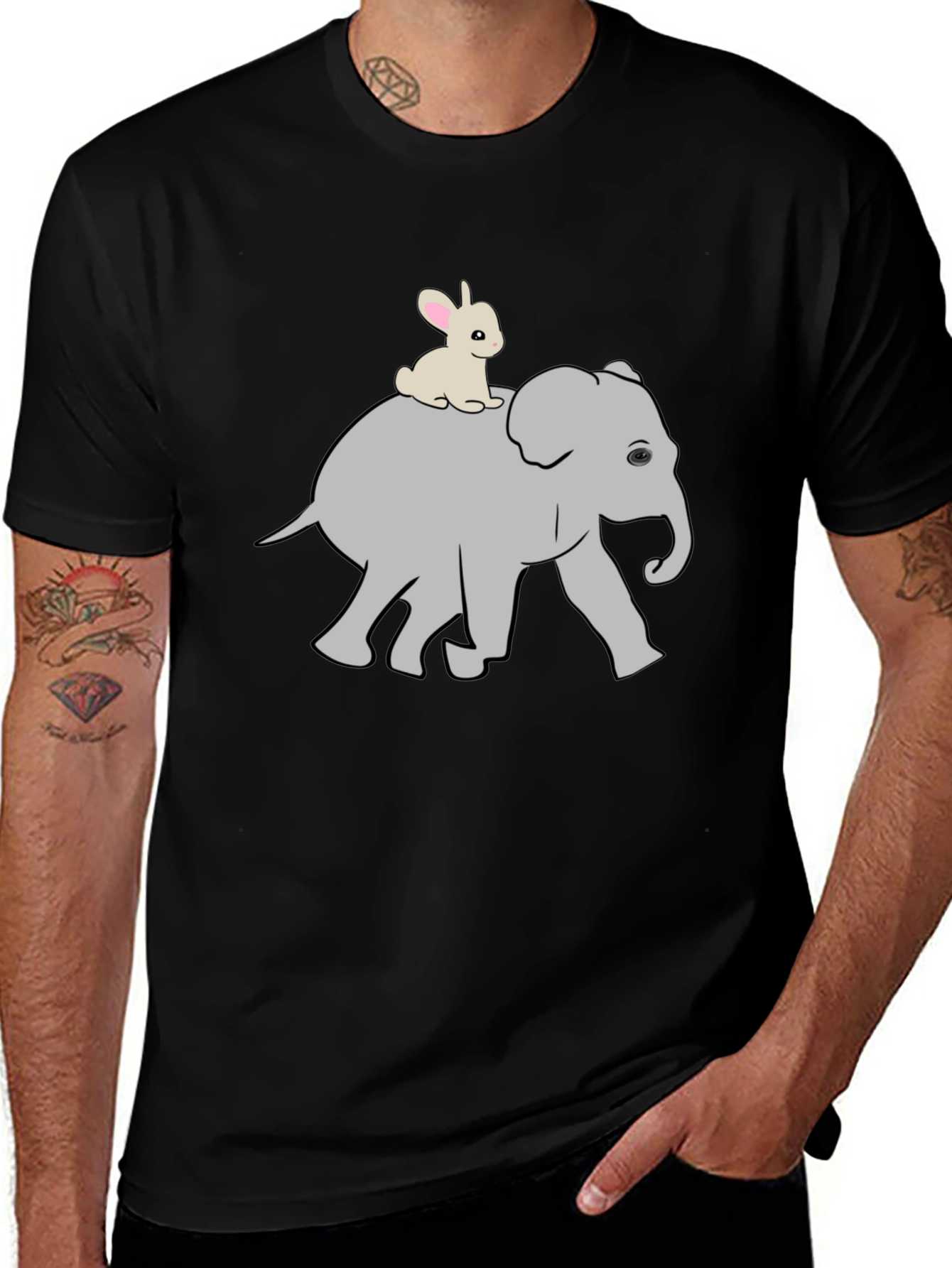 Variant 17 of Elephant and Bunny Graphic Black T-Shirt