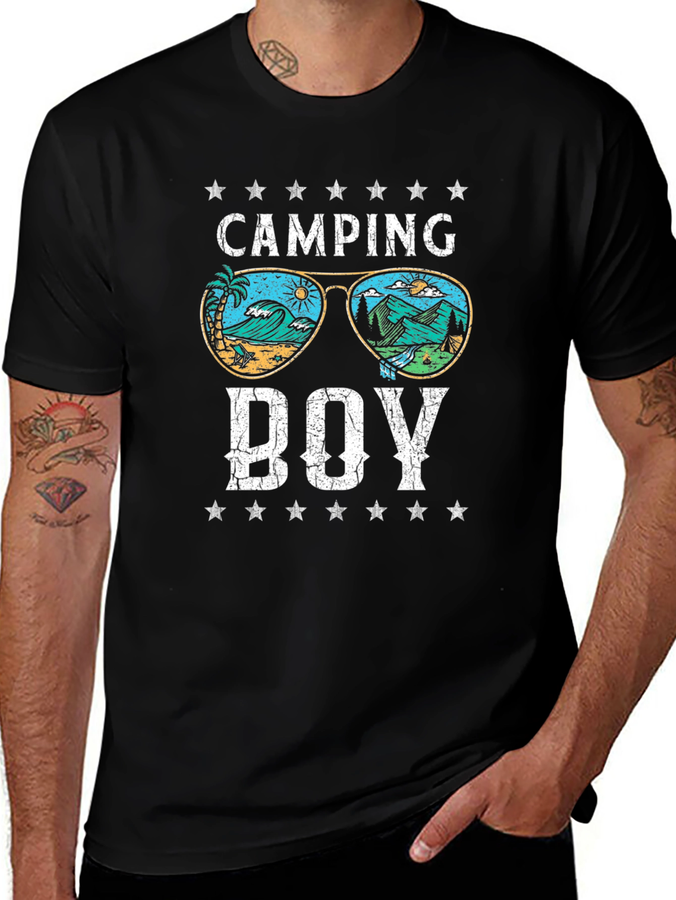 Black Camping Boy T-Shirt - Retro Summer Vibes main image