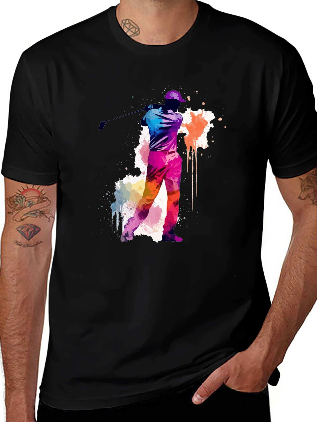 Variant 9 of Golfing Watercolor Tee - Black Cotton T-Shirt
