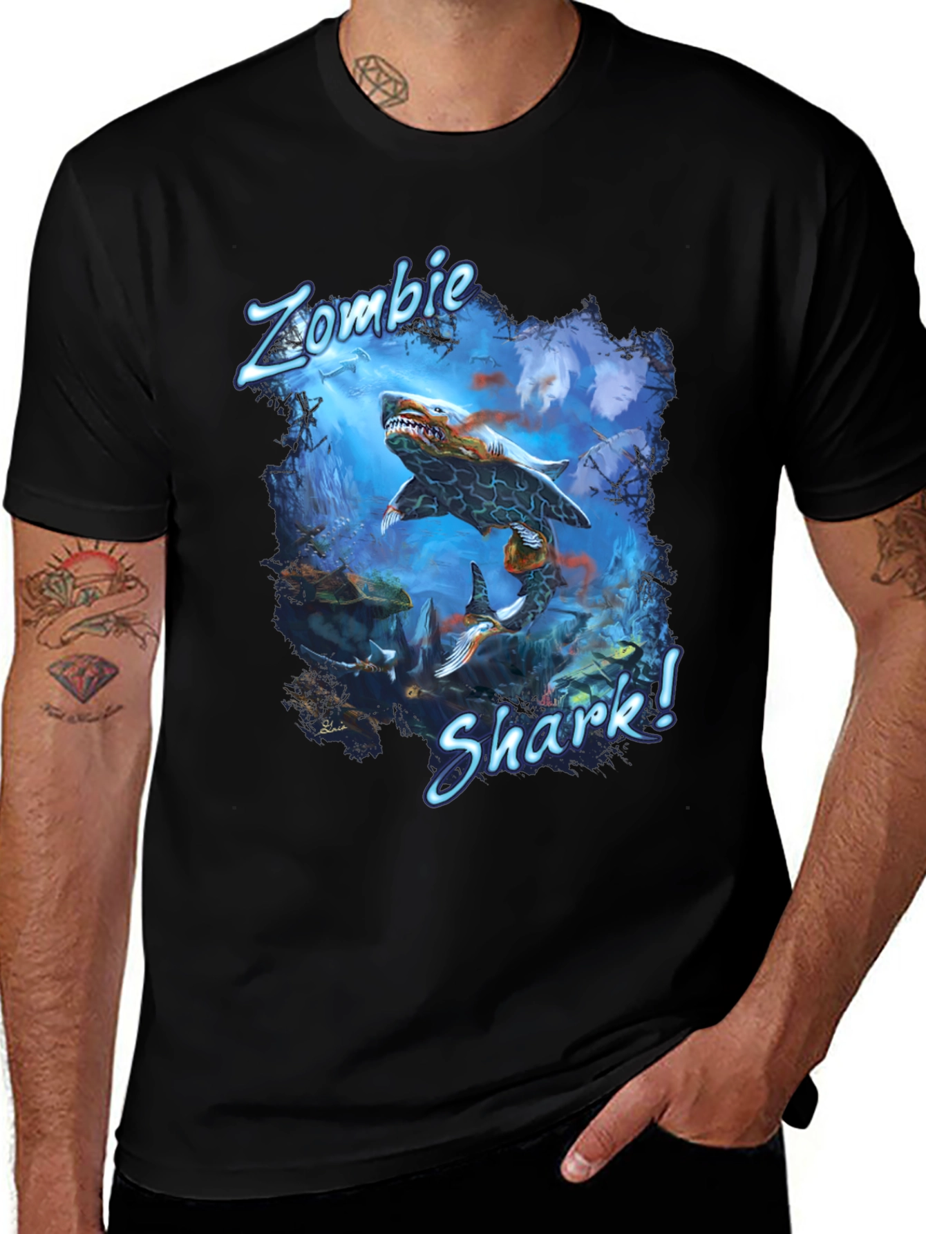 Variant 25 of Zombie Shark Graphic Tee - Mens Black T-Shirt