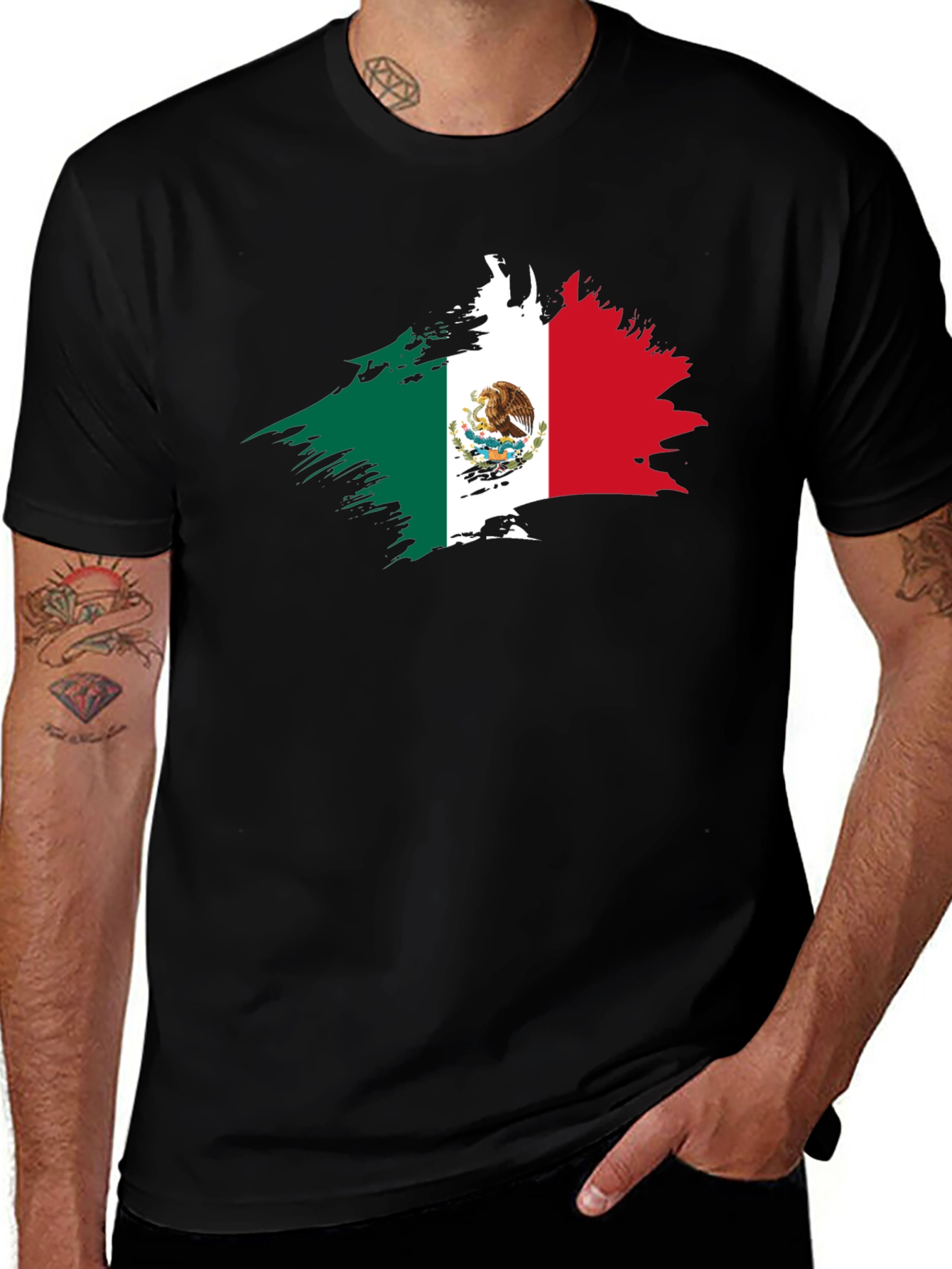 Variant 24 of Mexico Flag Distressed Tee - Black Cotton T-Shirt