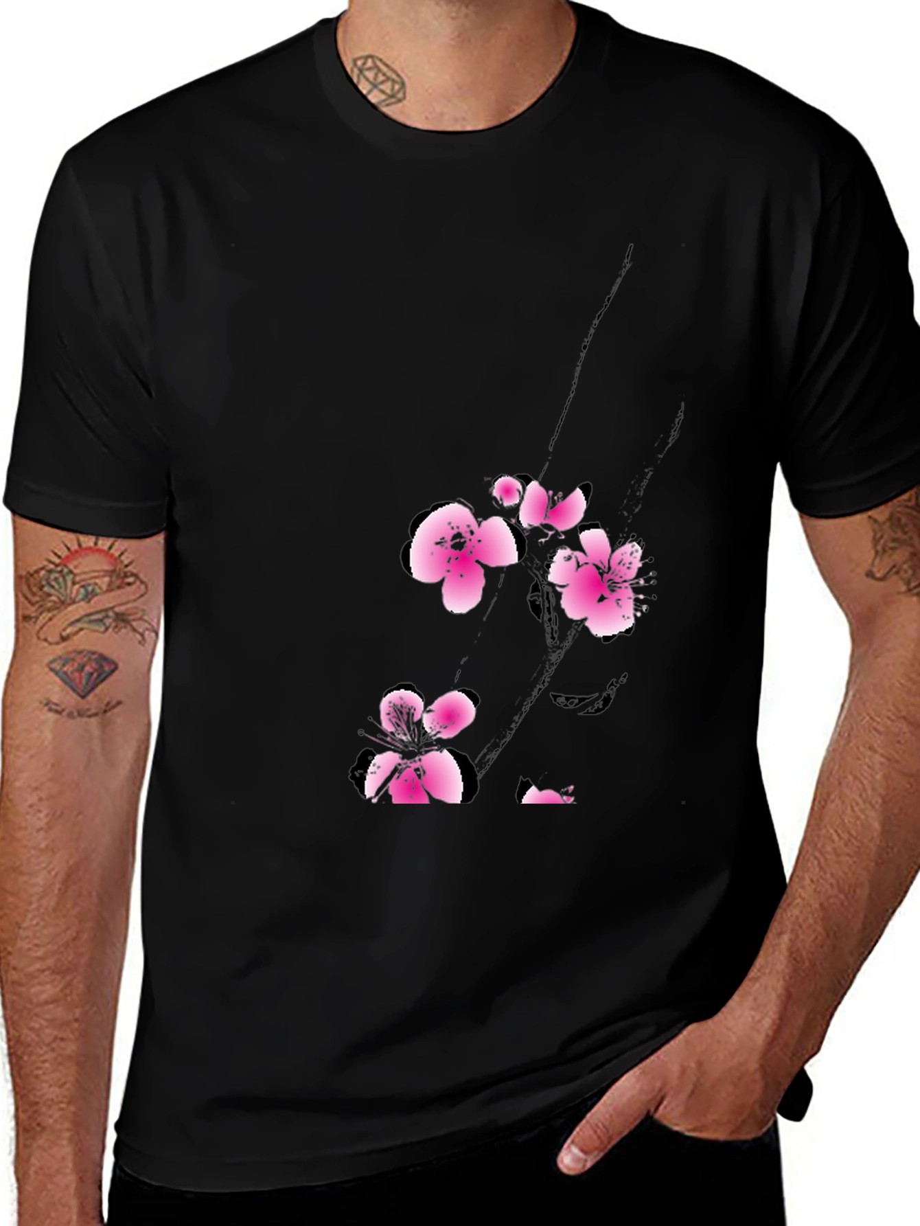 Variant 11 of Black T-Shirt with Pink Cherry Blossom Design