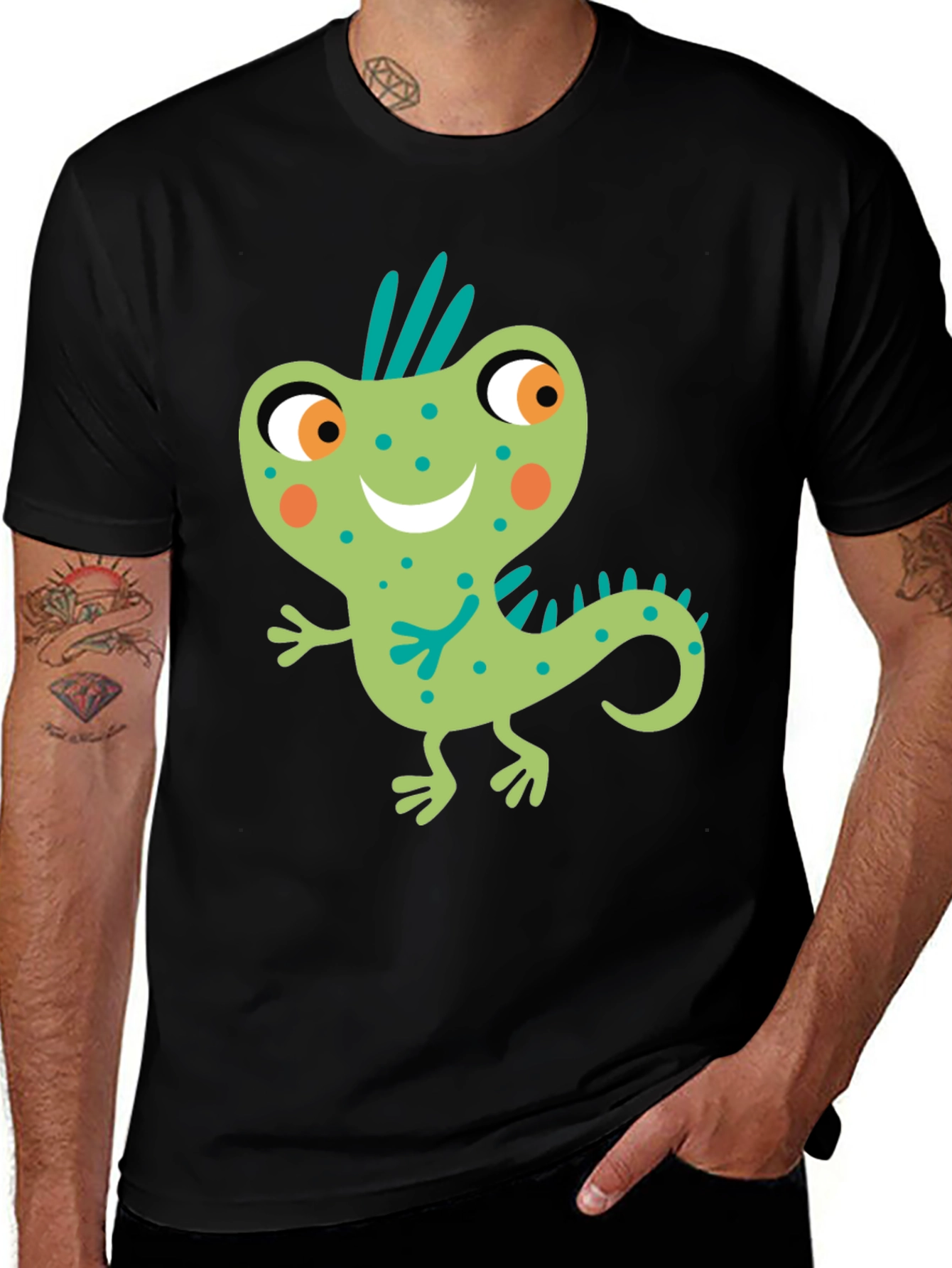 Cute Cartoon Lizard Graphic Tee - Men's Black T-Shirt