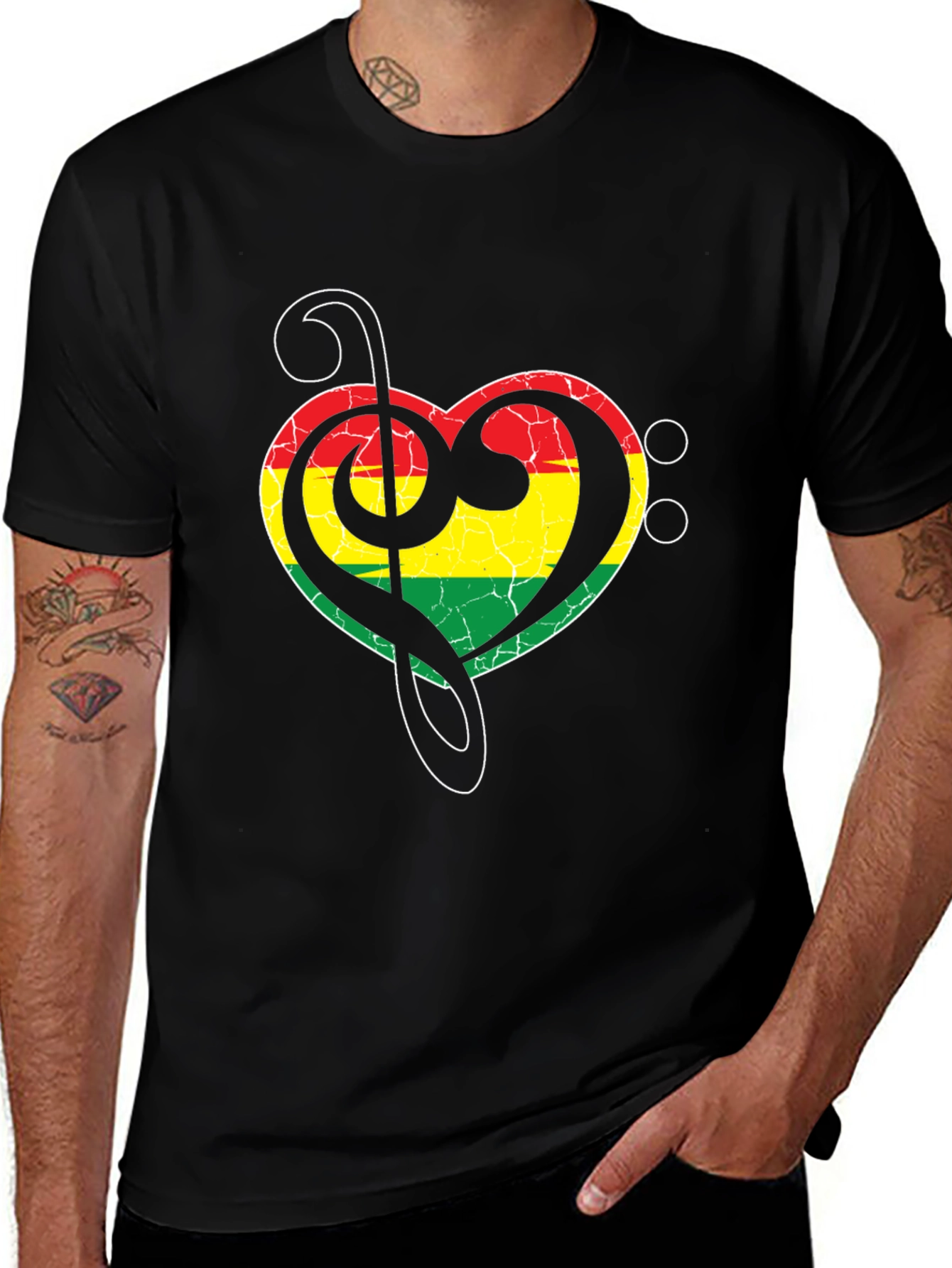Rasta Heart Treble Clef Men's Black T-Shirt