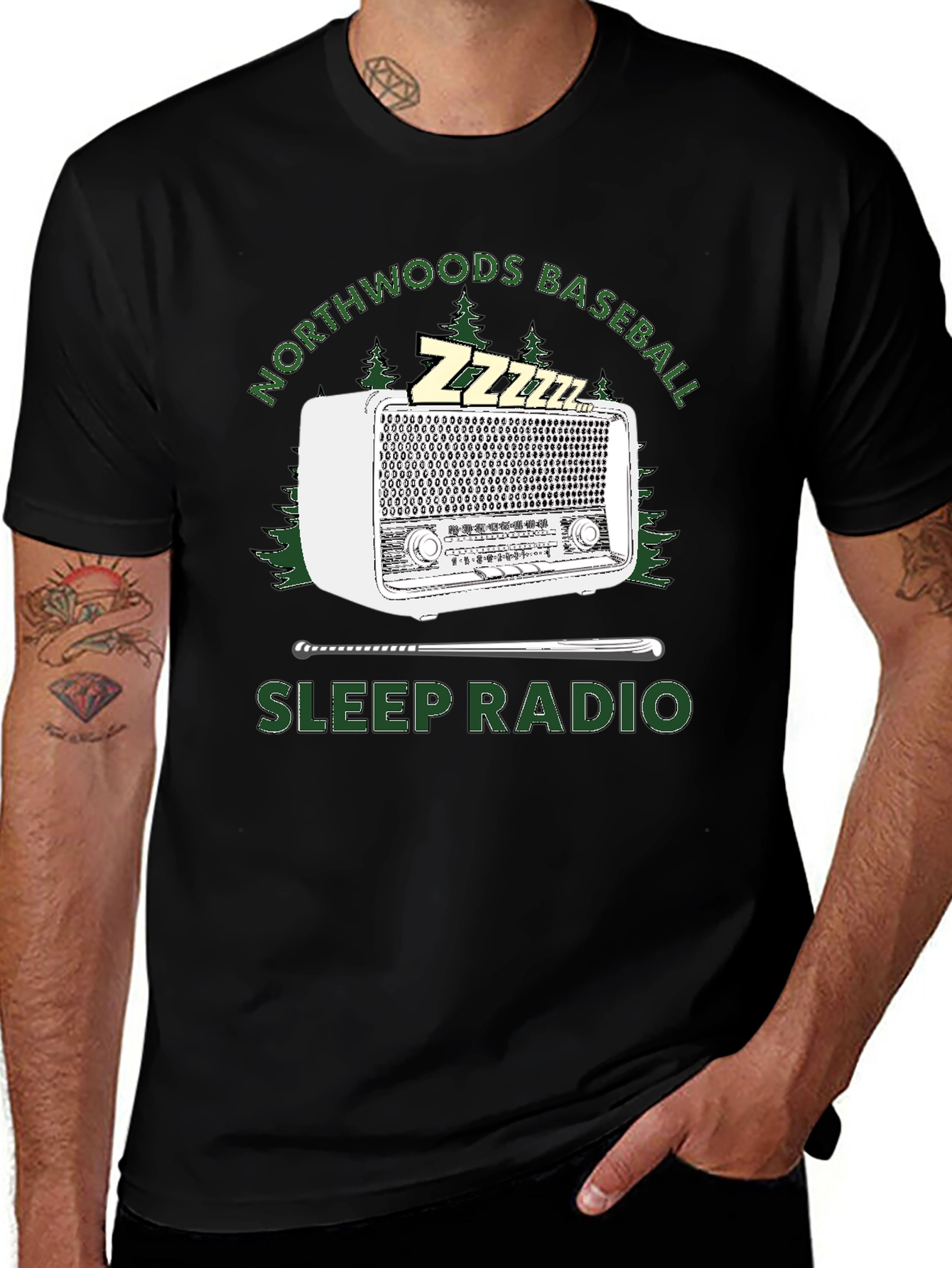 Variant 30 of Northwoods Baseball Sleep Radio Black T-Shirt
