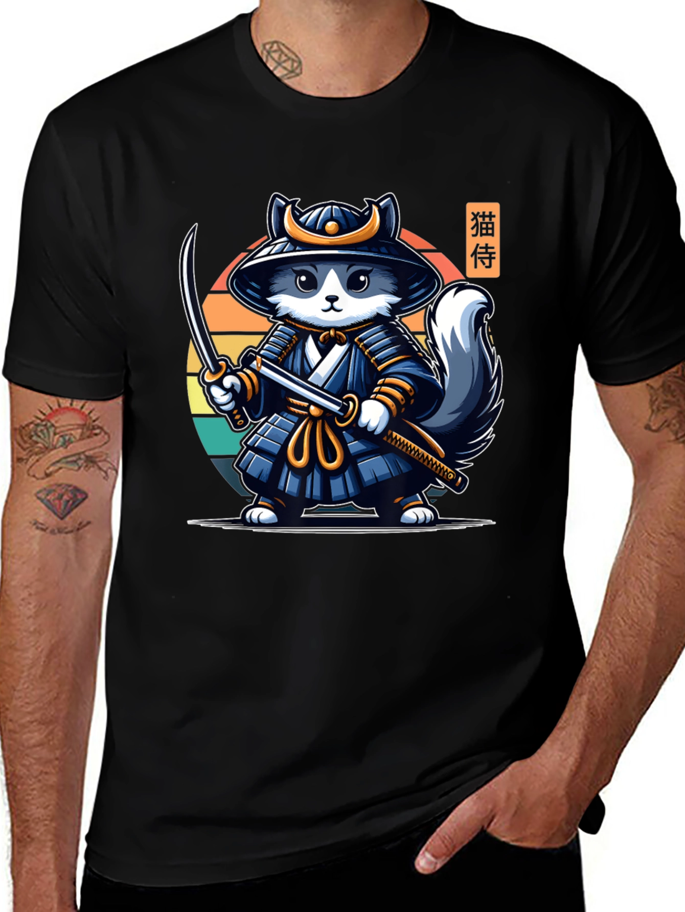Variant 11 of Samurai Cat T-Shirt - Black Crew Neck