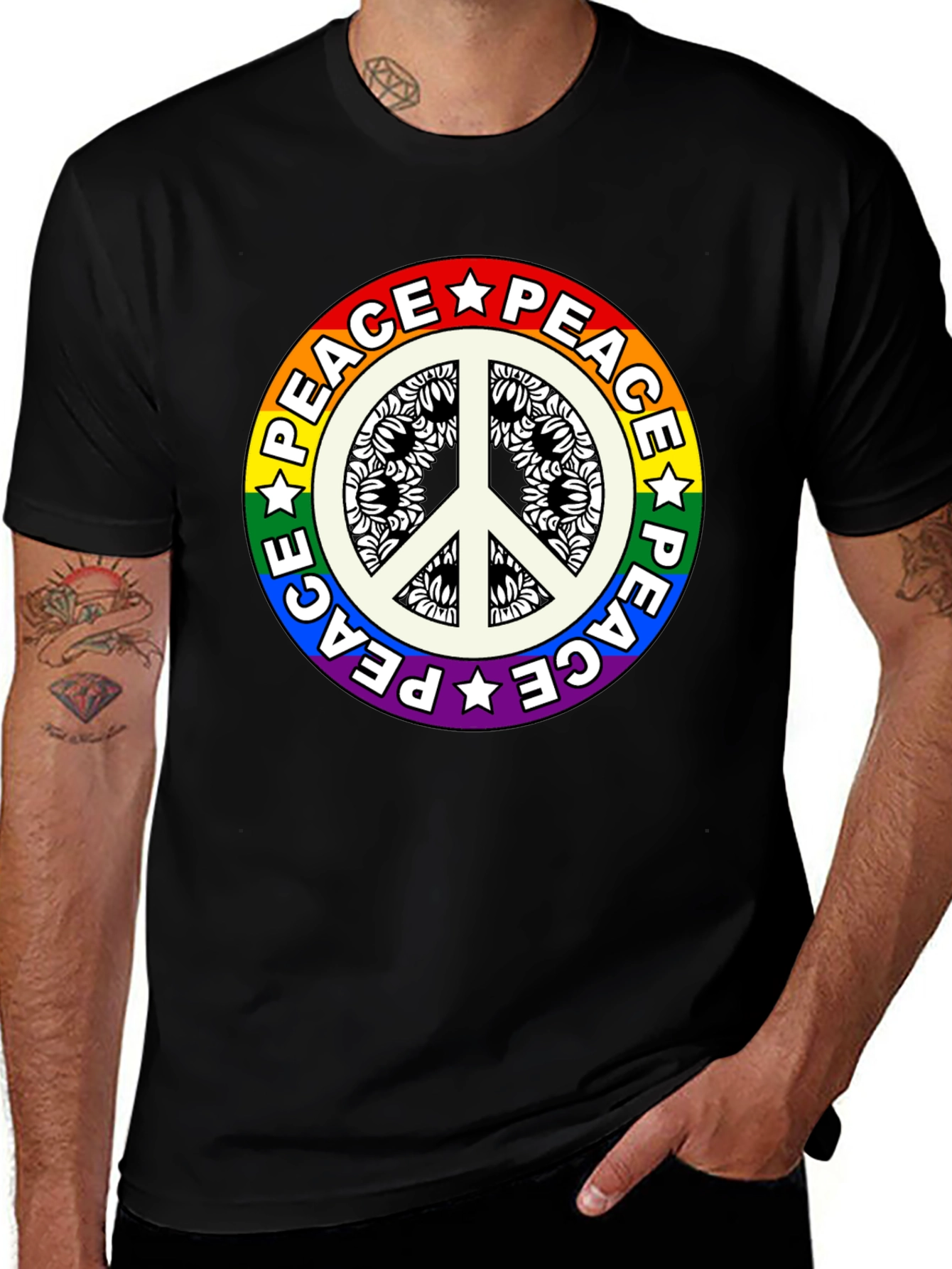 Variant 19 of Peace Sign Rainbow Graphic Tee - Black