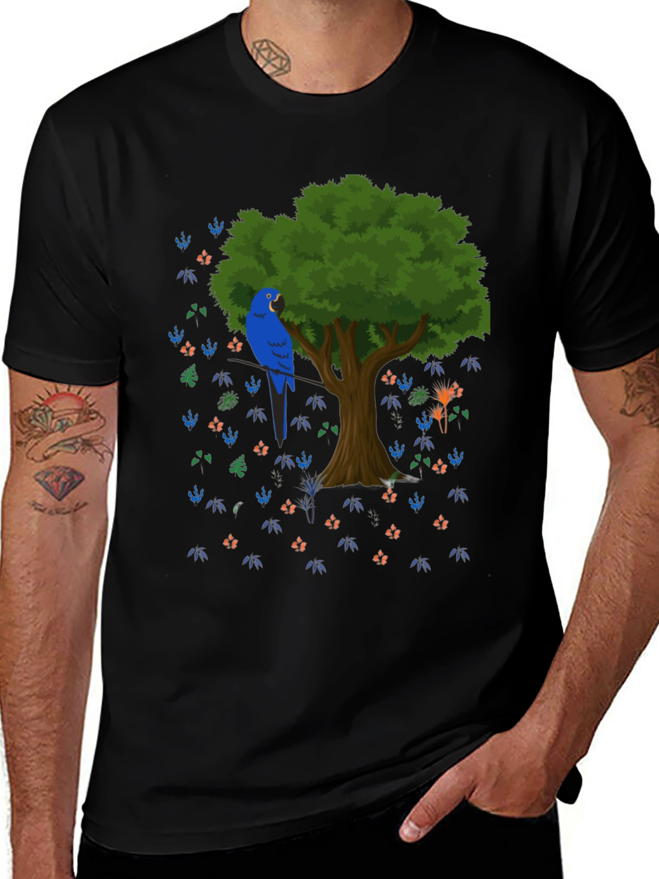 Variant 10 of Blue Macaw Tree Graphic Black T-Shirt