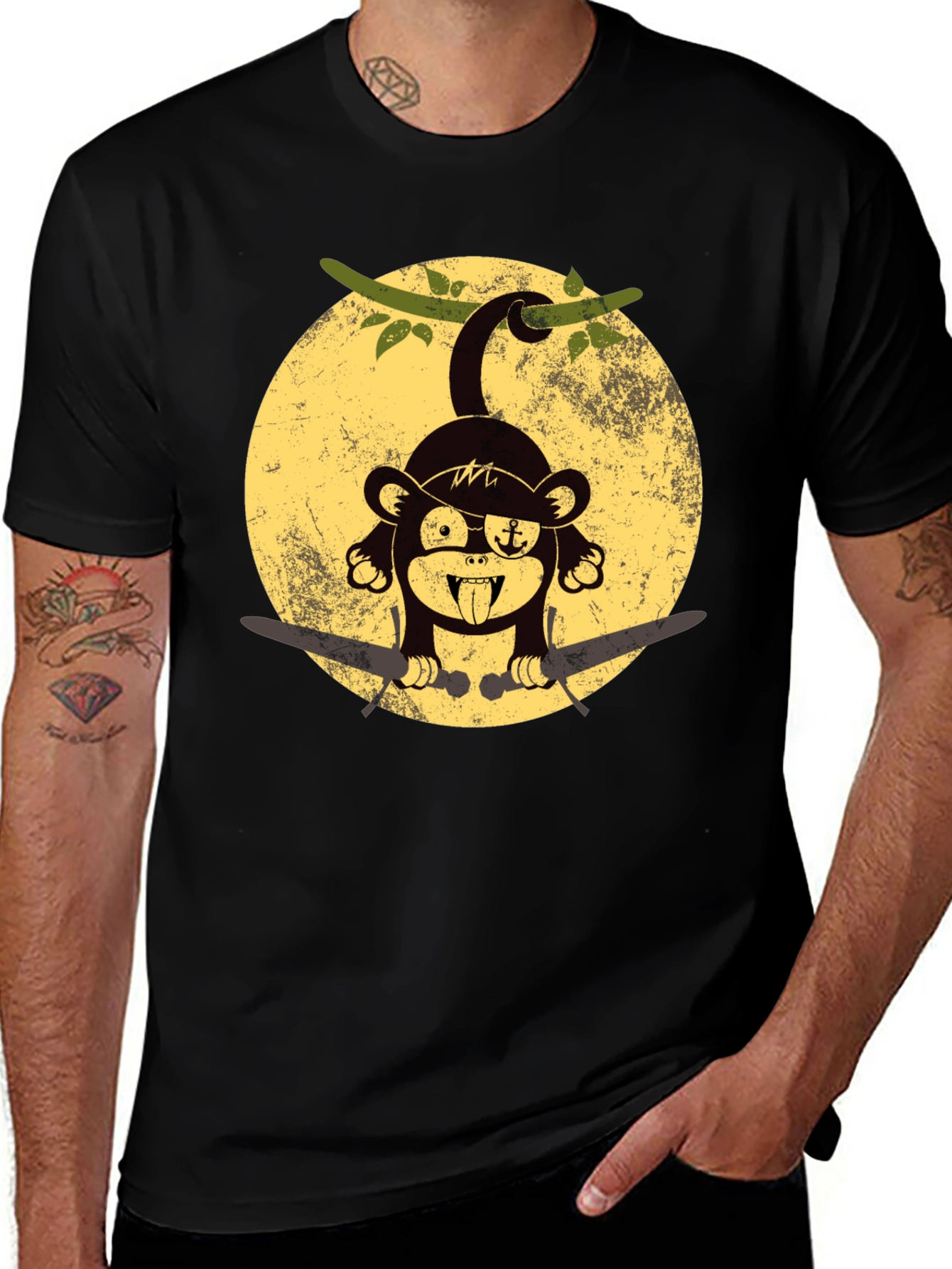 Variant 21 of Pirate Monkey Graphic T-Shirt - Black Crew Neck Tee