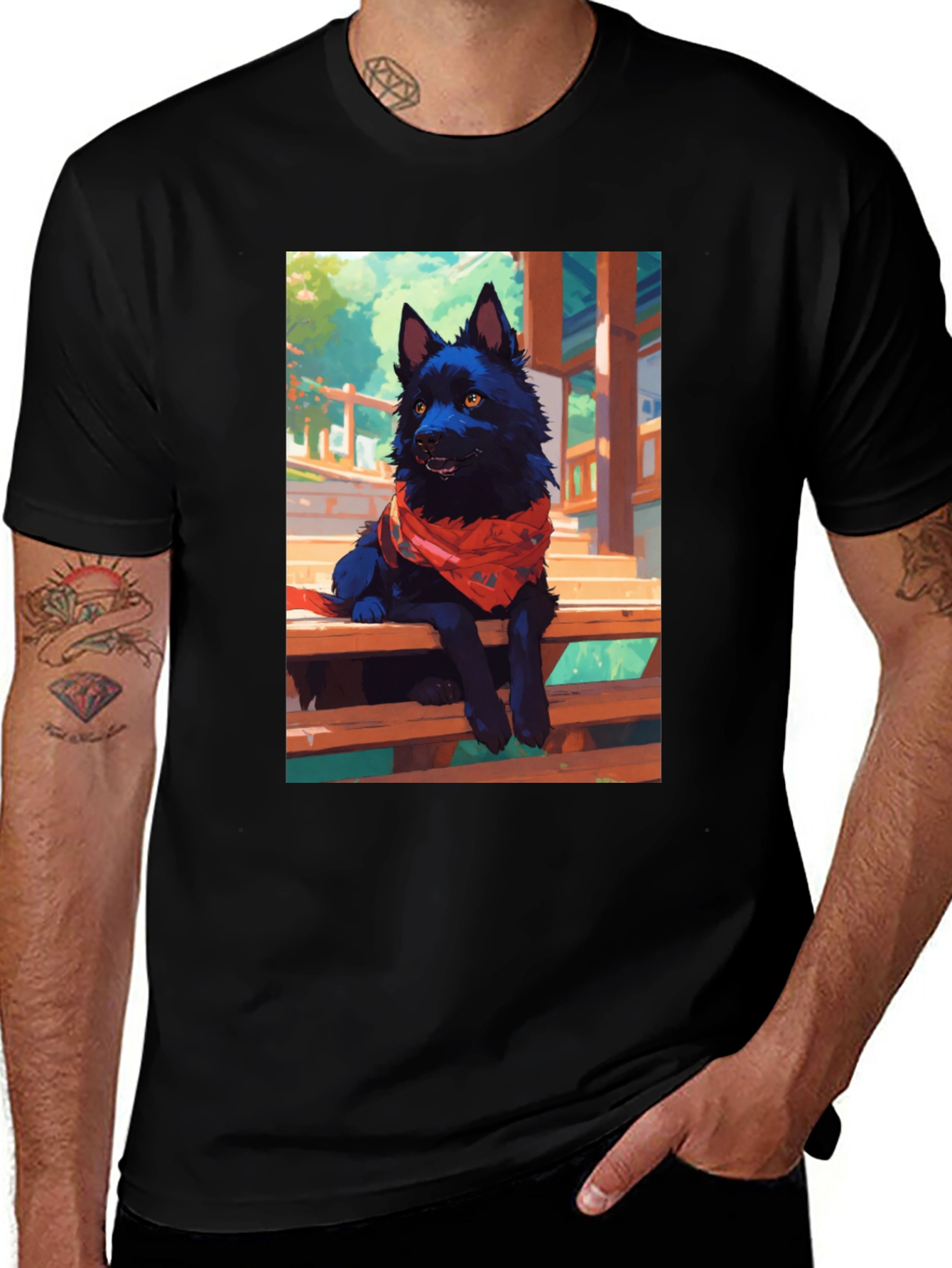 Variant 7 of Black T-Shirt with Wolf Illustration