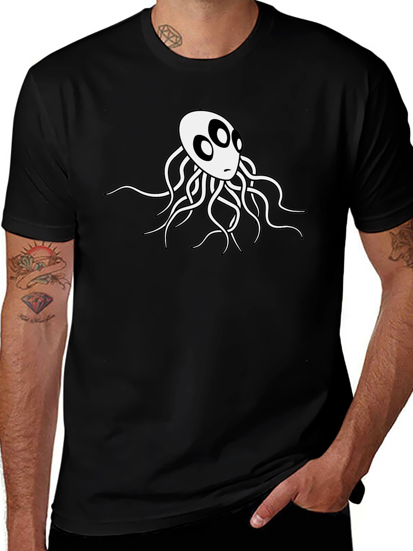 Variant 24 of Black T-Shirt with White Alien Octopus Design