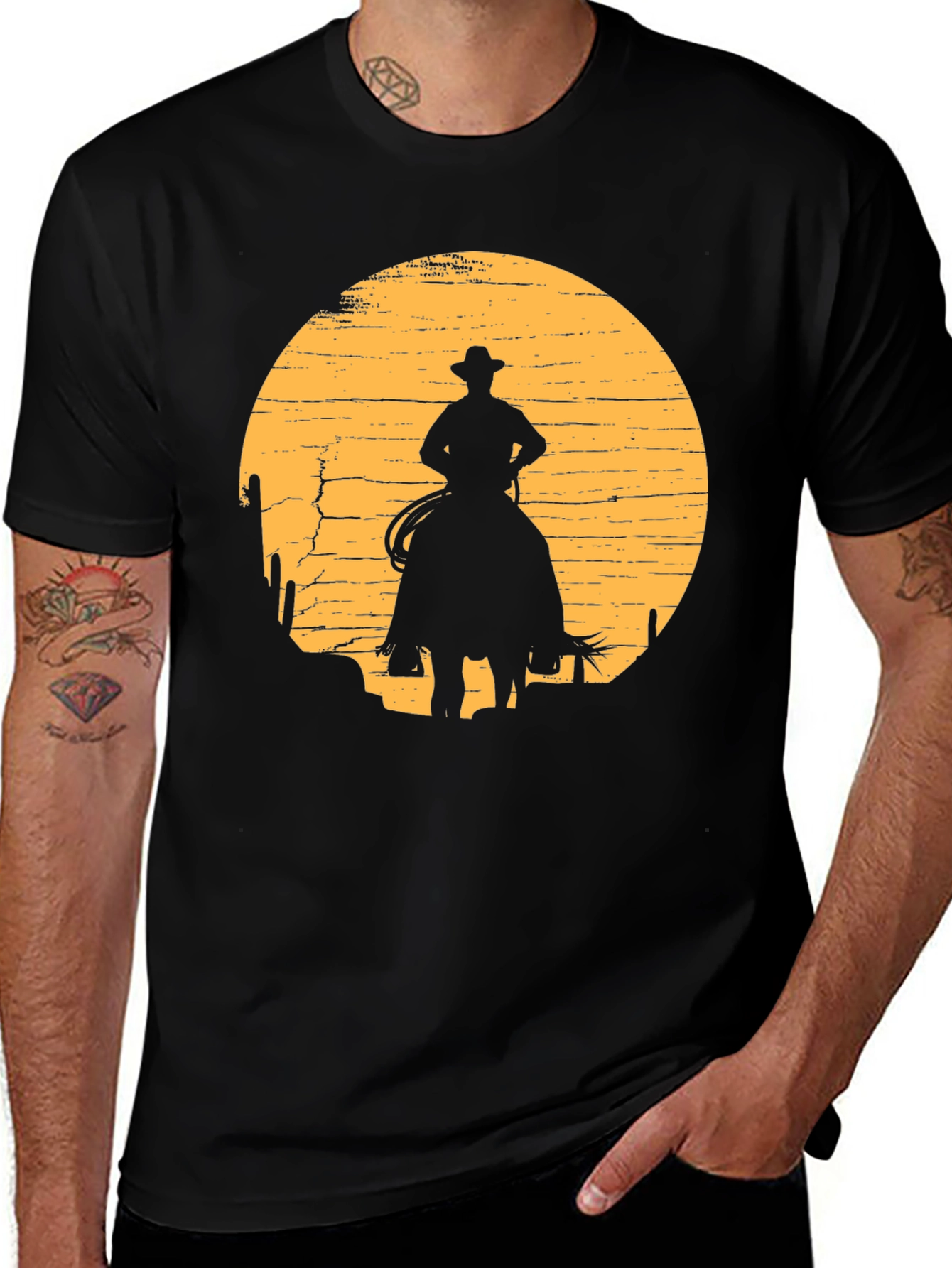 Variant 7 of Cowboy Sunset Graphic Tee - Black Cotton T-Shirt