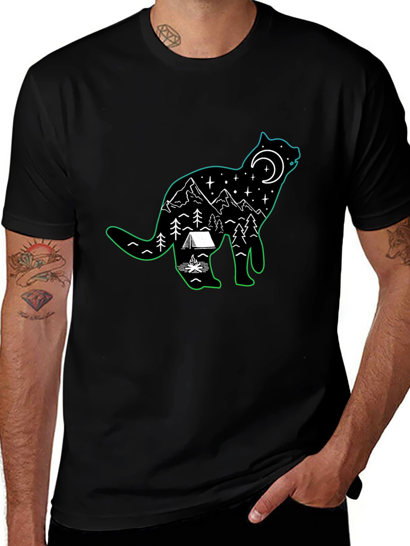 Cat Silhouette Camping Scene T-Shirt