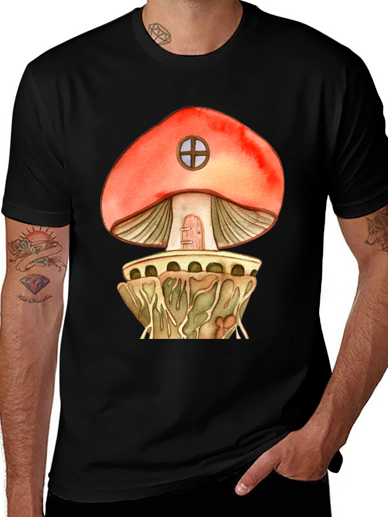 Variant 27 of Mushroom House Graphic Tee - Whimsical Design