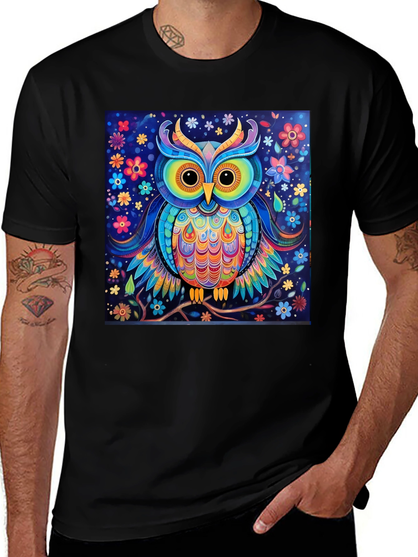 Variant 14 of Colorful Owl Graphic Print Black T-Shirt