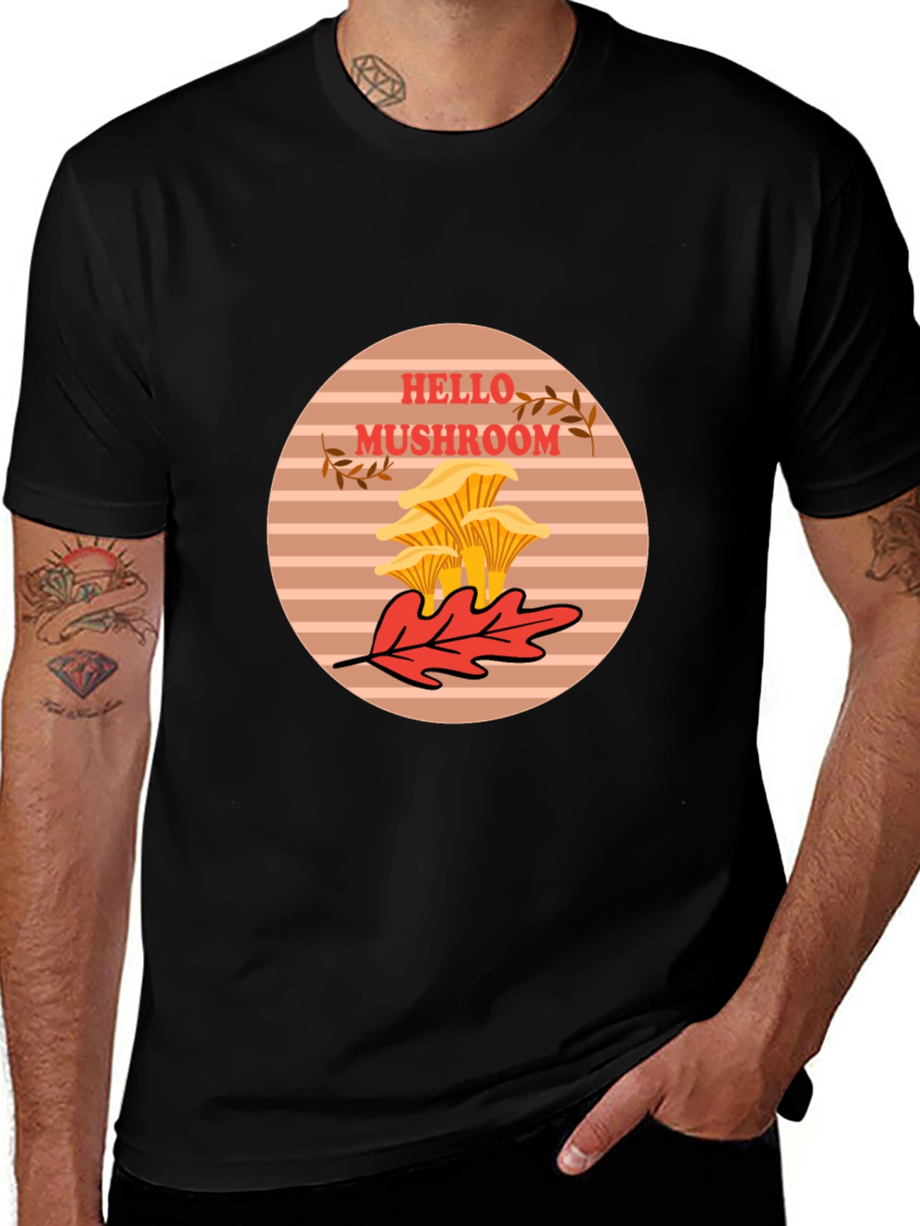 Variant 30 of Hello Mushroom Graphic Tee - Unisex Black T-Shirt
