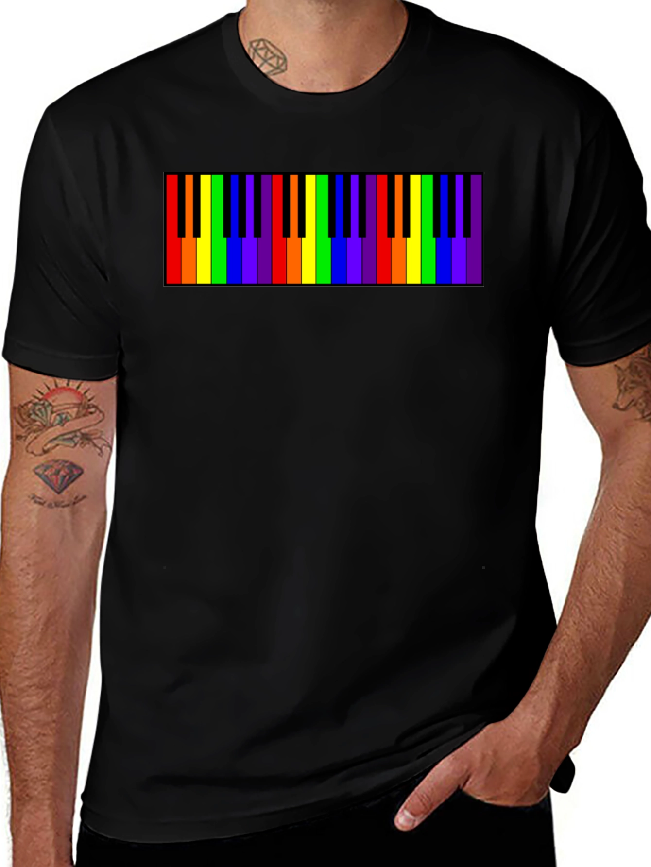 Variant 8 of Rainbow Piano Keys Graphic Tee - Black Cotton T-Shirt